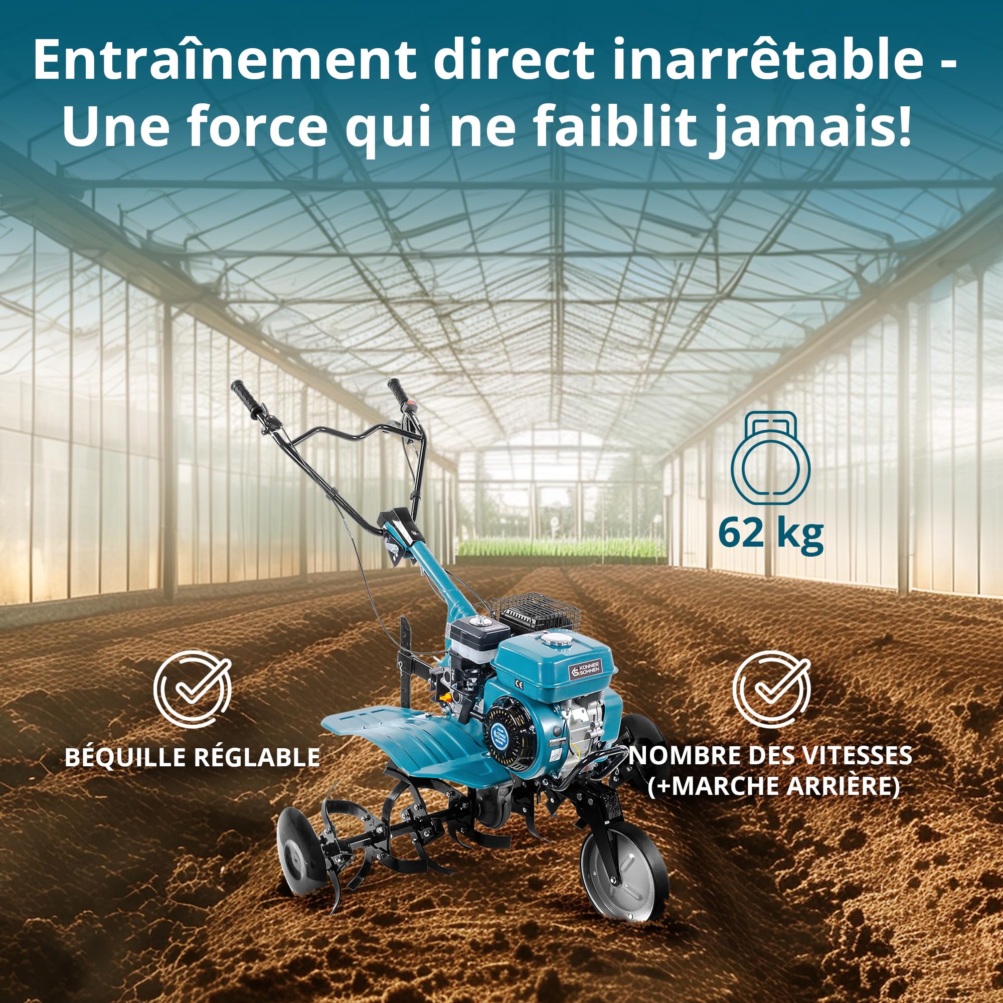 Könner & Söhnen KS 7HP-950A, Cultivateur à Essence cylindrée 212 cm3, Motoculteur de Jardin, de Labour Max. 31 cm, motobineuse pour parcelles familiales, parterres de Fleurs et parcelles de Jardin.