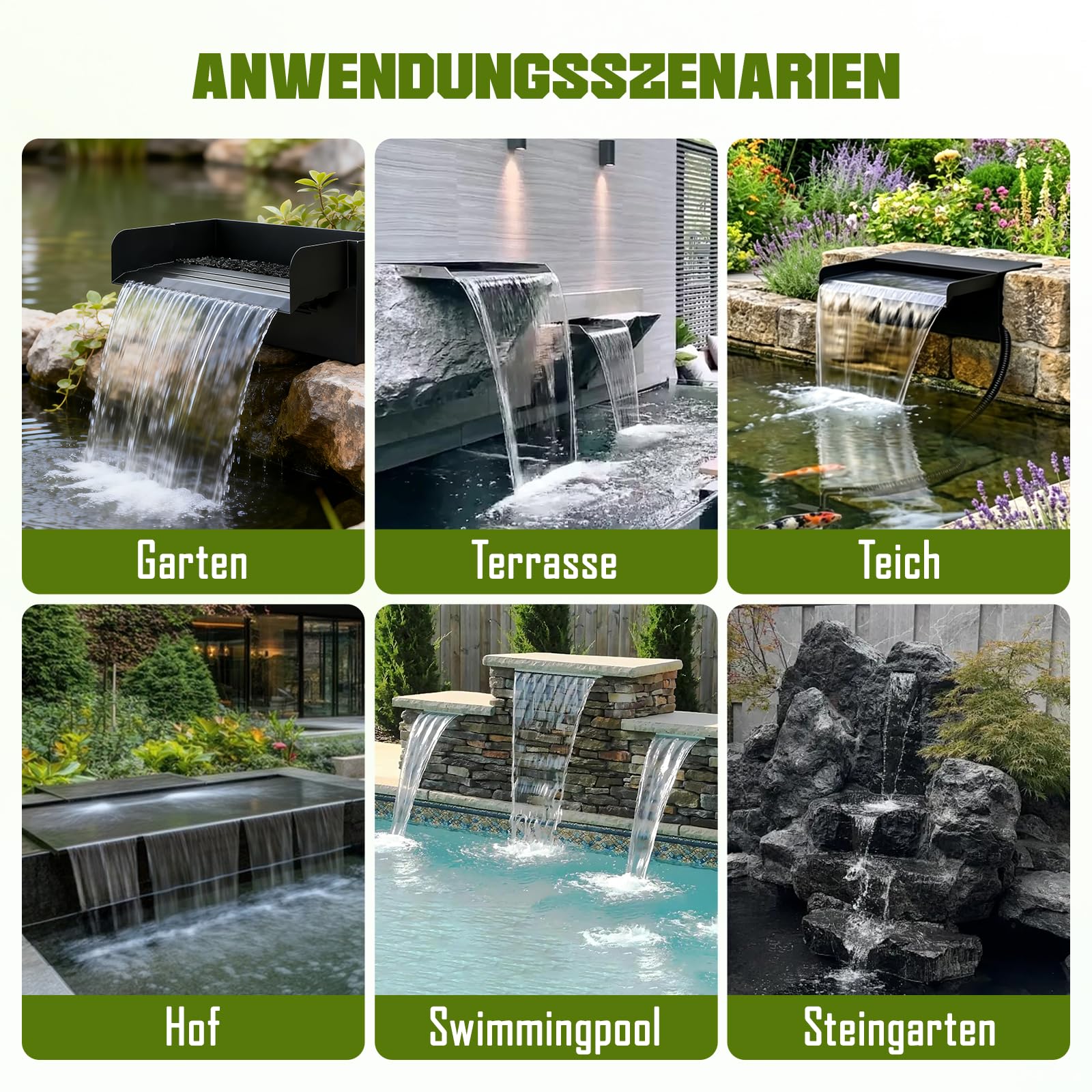 Edelstahl Wasserfall Set 30 cm 45 W 3500 L/h Pumpe 3 m Schlauch Garten Teich