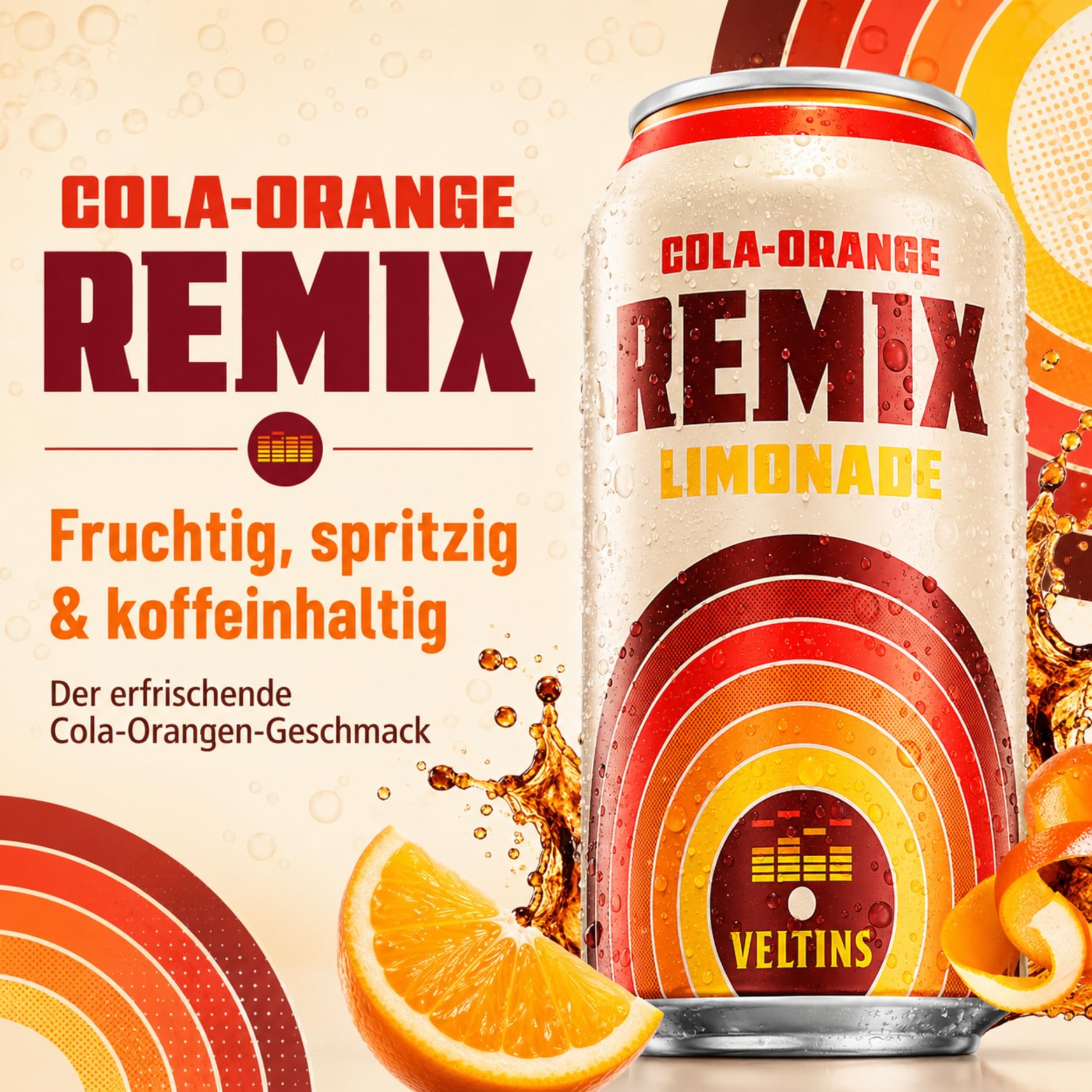 VELTINS Remix Cola-Orange Alkoholfrei, EINWEG (24 x 0,33 l Dose) – Cola-Orangen-Limonade mit deutlich mehr Fruchtsaft, 0,0% Alkohol – fruchtig-spritzig im nostalgischen Retro-Design