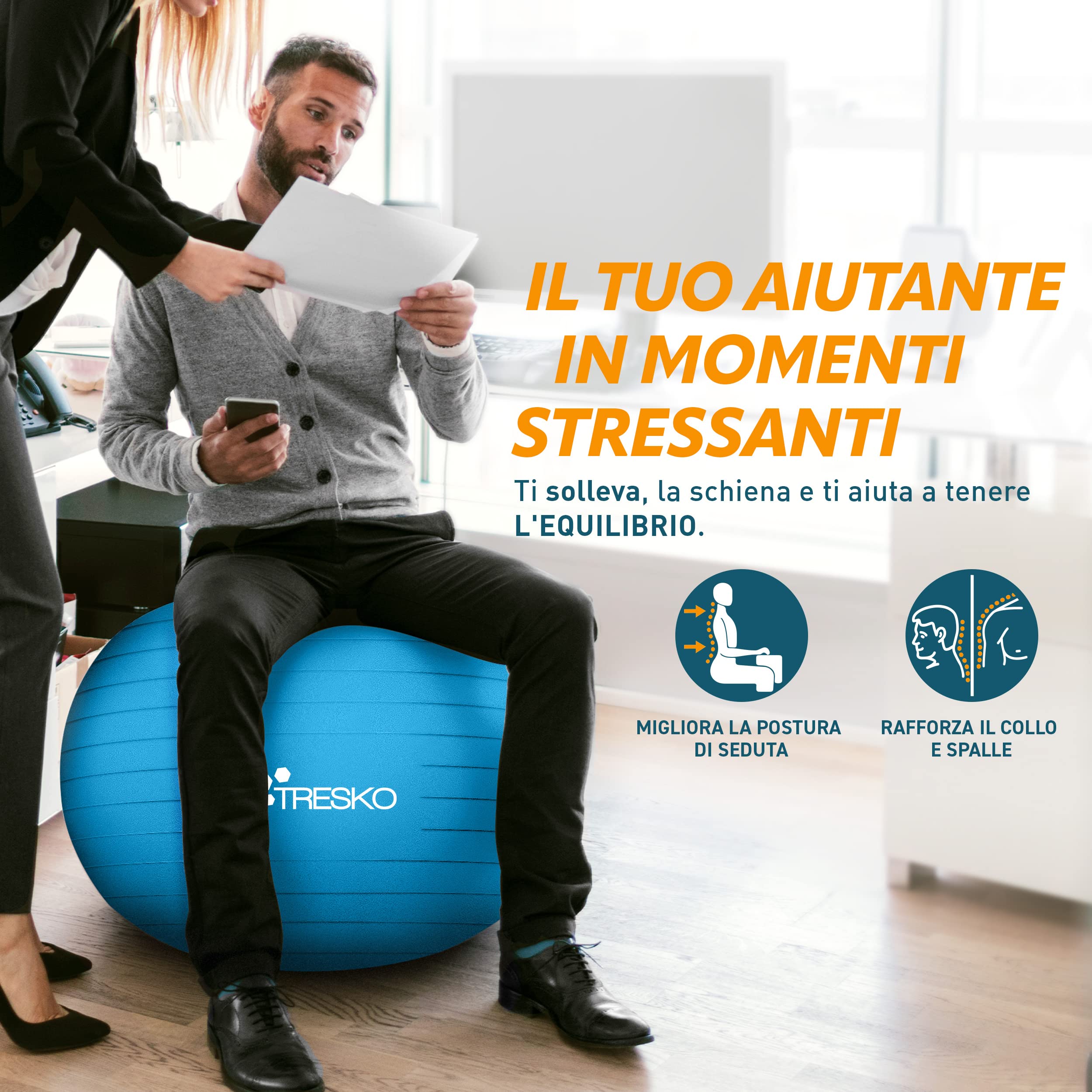 TRESKO Palla Fitness, Palla Pilates Anti-Scoppio 55cm/65cm/75cm/85cm Palla da Ginnastica con Pompa Rapida per Fitness Yoga e Pilates