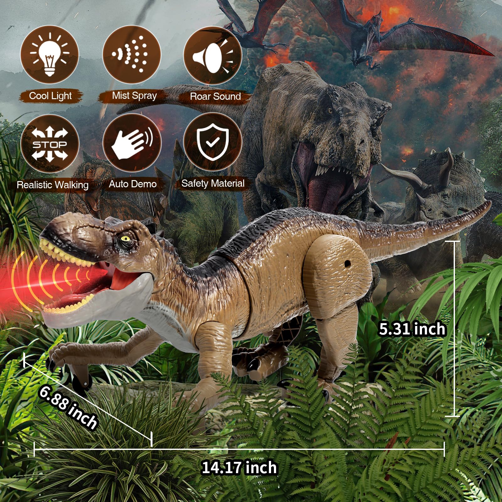 Sunrad Juguete de dinosaurio a control remoto para niños de 3, 4, 5, 6, 7, 8, 9, juguete recargable y realista T-Rex con luces, sonidos y aerosol, dinosaurio RC con demostración de una tecla, regalo