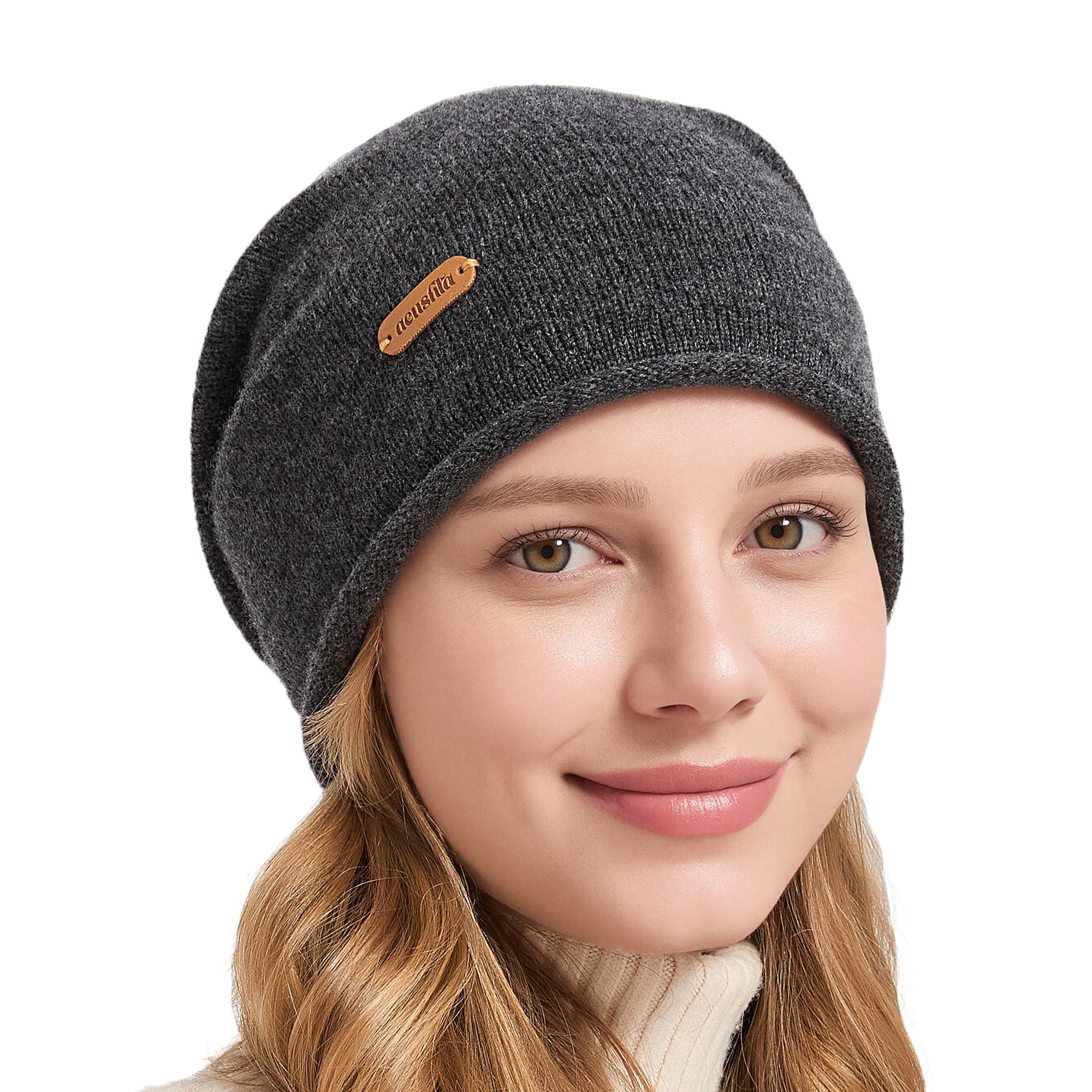 Acushla Unisex Dark Grey 100% Merino Wool Slouchy Beanie For Women & Men Knit Winter Hat Warm Skull Cap For Cold Weather