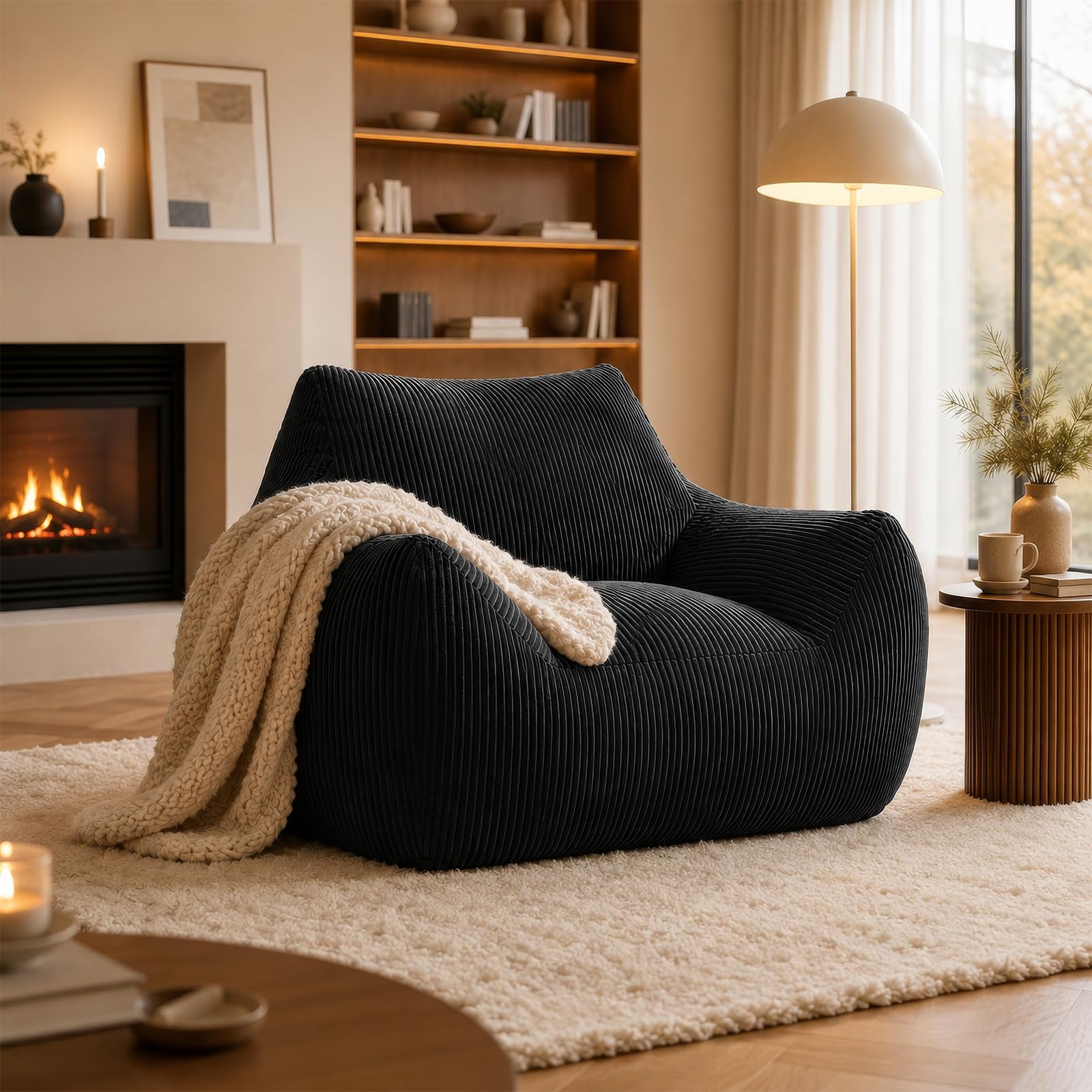 Puf para adultos con relleno, sillón de pana con respaldo, sillón grande para videojuegos y silla de suelo para salón, dormitorio y habitación juvenil, 80 x 73 x 80 cm, color negro