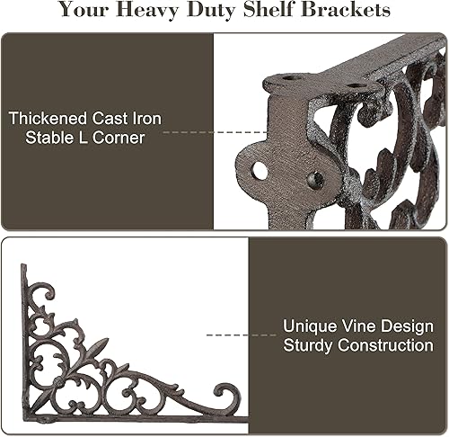 Miniatura 8 de Z Metnal Soportes decorativos para estantes, 6 x 9 pulgadas, soporte de buzón de metal de hierro forjado fundido, soportes victorianos de ángulo