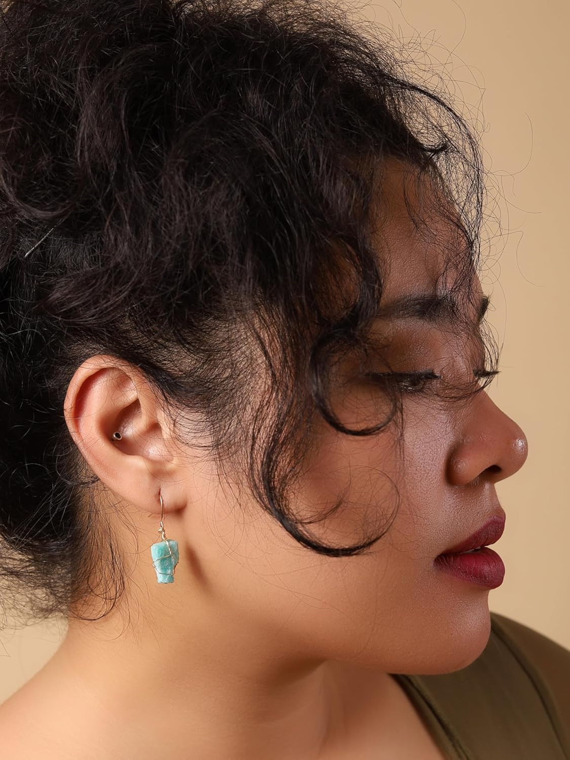 MINACHI Boho Raw Light Green Stone Drop Earrings, Handmade Wire Wrapped Hippie Dangles, Vintage Earrings For Women - Image 4