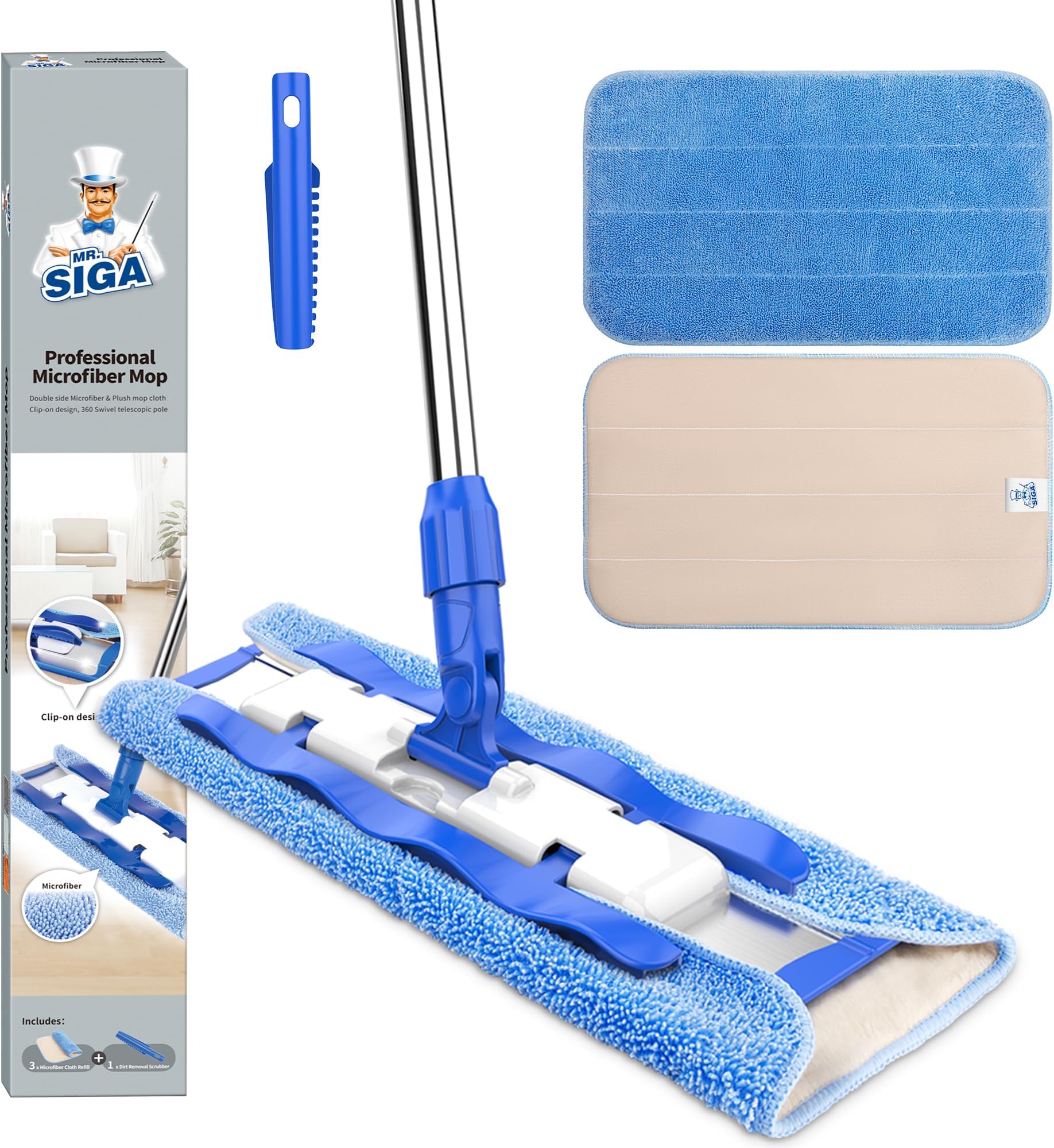MR.SIGA Professional Microfiber Mop (Included 3 Microfiber Cloth Refills and 1 Dirt Removal Scrubber, Pad Size: 42cm x23cm)