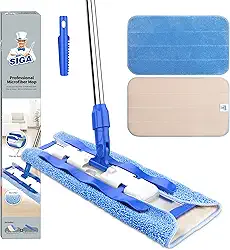 MR.SIGA Mop de microfibra profissional para limpeza de pisos de madeira, laminados e azulejos, cabo de aço inoxidável - 3 esfregões planos reutilizáveis e 1 esfregão para remoção de sujeira incluídos