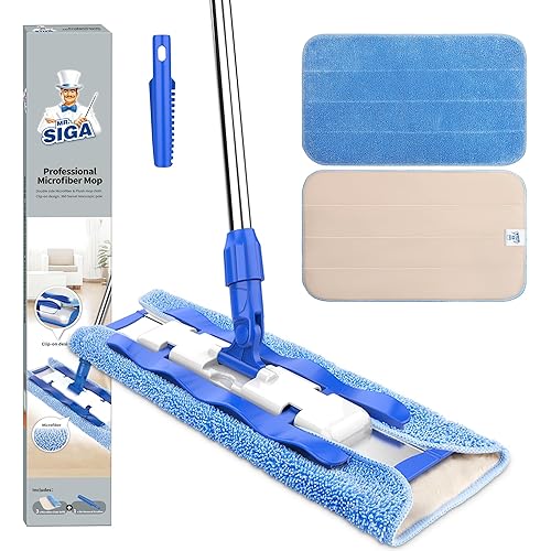 MR.SIGA Professional Microfiber Mop for Hardwood, Laminate, Tile Floor Cleaning, Stainless Steel Telescopic Handle - 3 Reusable Flat Mop Refills and 1 Dirt Removal Scrubber Included