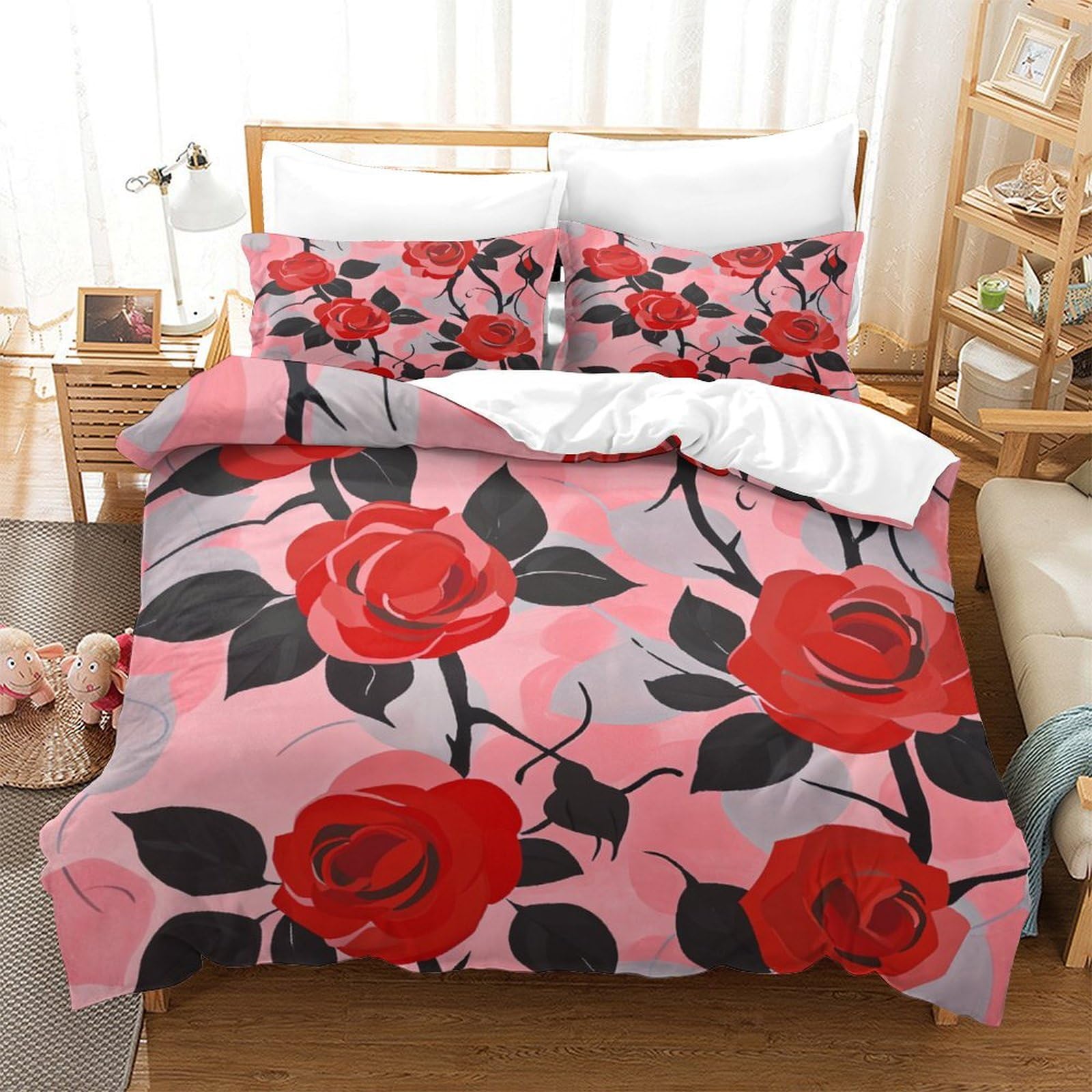 Housse de couette microfibre super douce motif roses parure de lit luxe 260x220