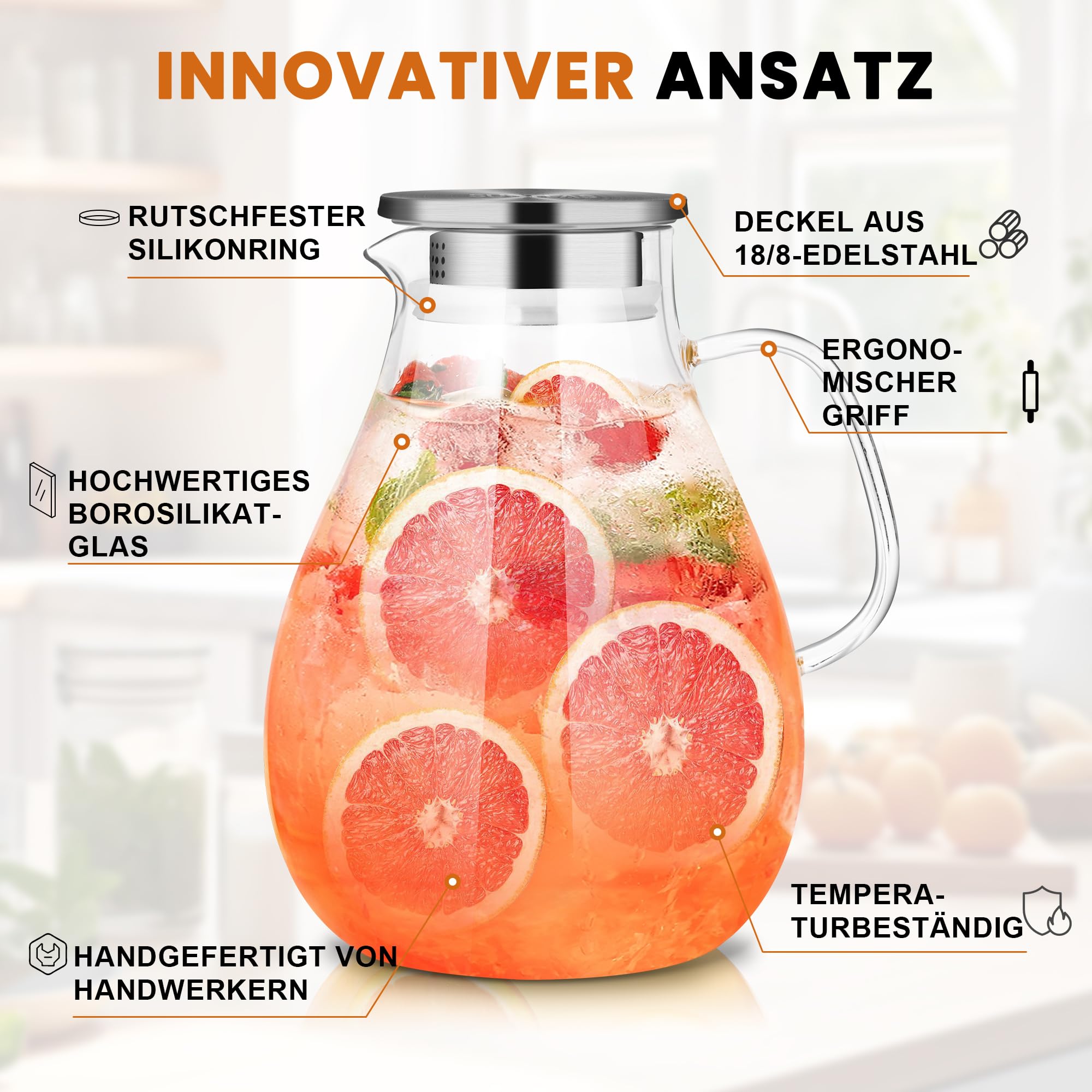SUSTEAS 3.0 Liter 101 Unzen Wasserkaraffe, Glaskaraffe mit Deckel und Breitem Griff, Leicht zu Reinigender Glaskaraffe für den Kühlschrank, Wasserkrug für Eistee/Milch/Kaffee/Wein, Karaffen Mit Bürste