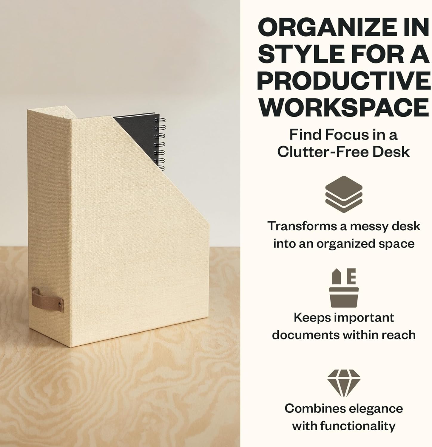 Bigso Estelle Magazine File - Magazine Holder and Organizer for Papers and Catalogs with Leather Handle - Magazine File Holder for Office Desks - 12.6 in x 4.5 in x 9.8 in - Cream