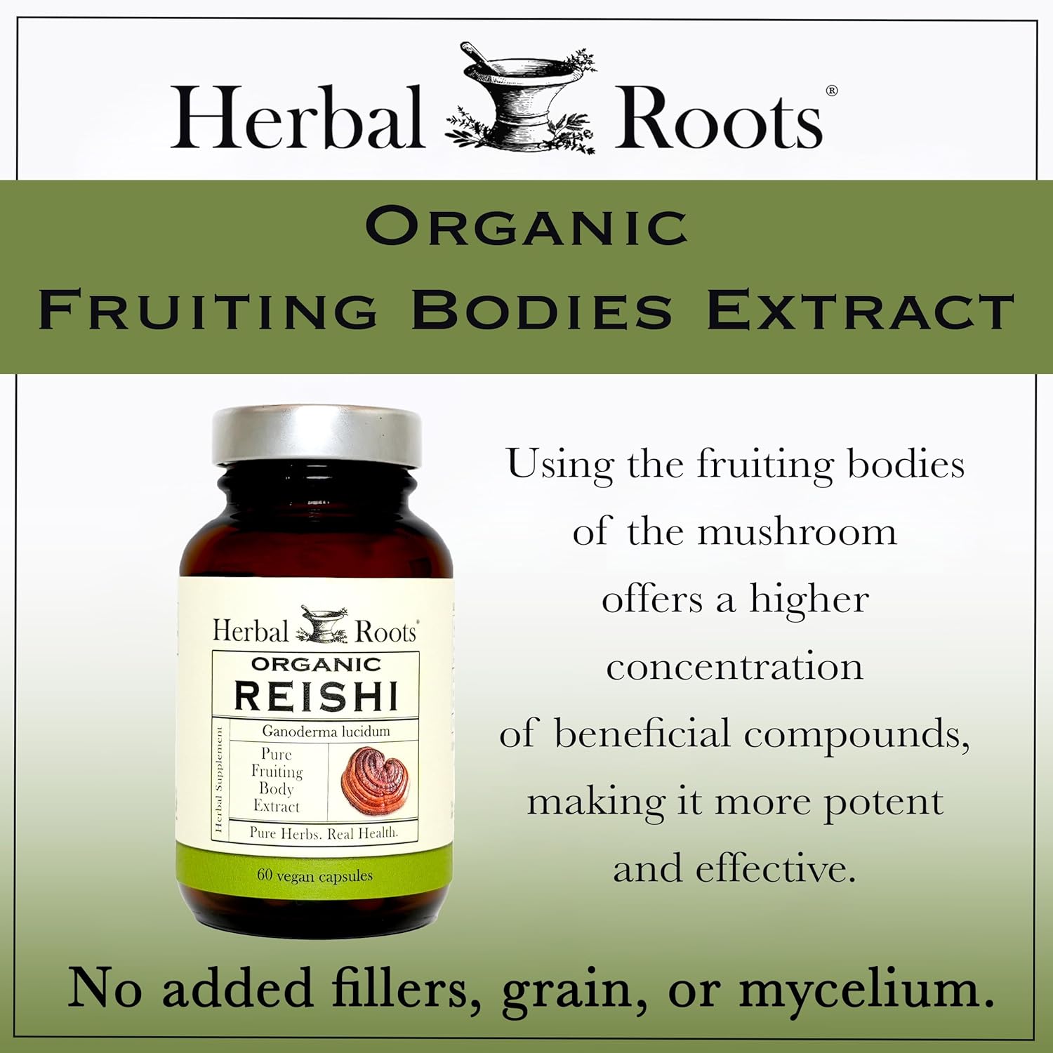 Herbal Roots Organic Reishi Mushroom Capsules - Made with Fruiting Bodies - Support Energy, Vitality, Immune & Heart Health - 60 Vegan Capsules