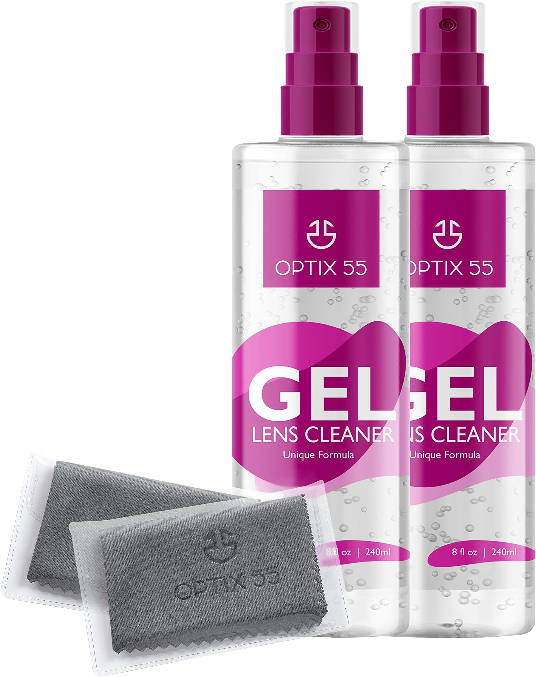 Gel Lens Cleaner Kit |Proudly Made in USA | 16 Ounces (2x 8oz) Eye Glasses Cleaner Gel Spray + 2 Microfiber Cleaning Cloths | Safe for AR Coated & All Lenses, Screens, Electronics (Clear)