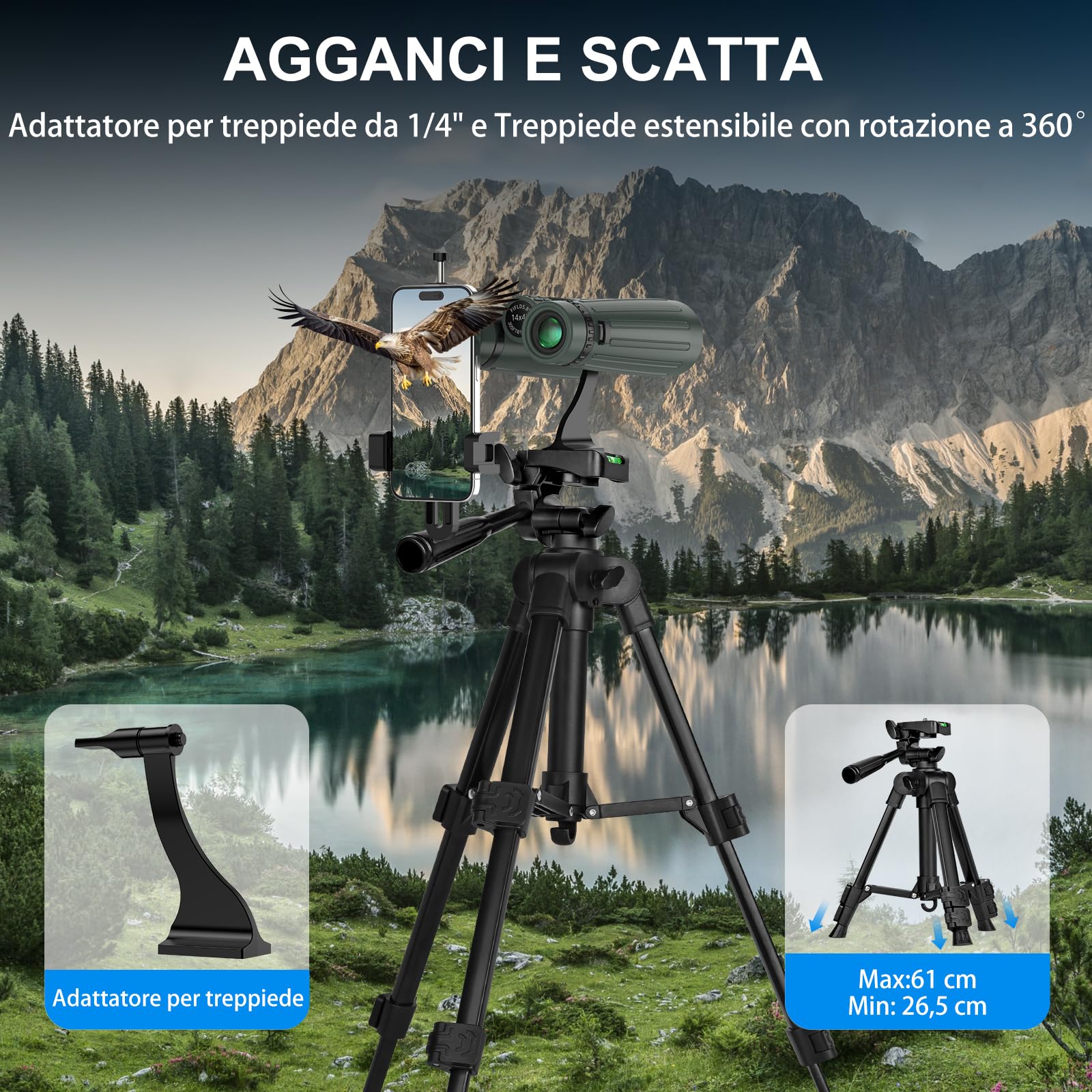 Binocolo 14 x 45 per adulti ad alta potenza, binocolo HD per bird watching, caccia, con adattatore per telefono in lega di alluminio, treppiede, impermeabile e a prova di nebbia, ampia visuale per