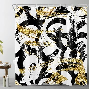 LB Black White and Gold Shower Curtain Decor, Mid Century Abstract Geometric Shower Curtain for Bathroom 72" W x 72" L Polyester Fabric Bathroom Decoration Bath Curtains Hooks Included
