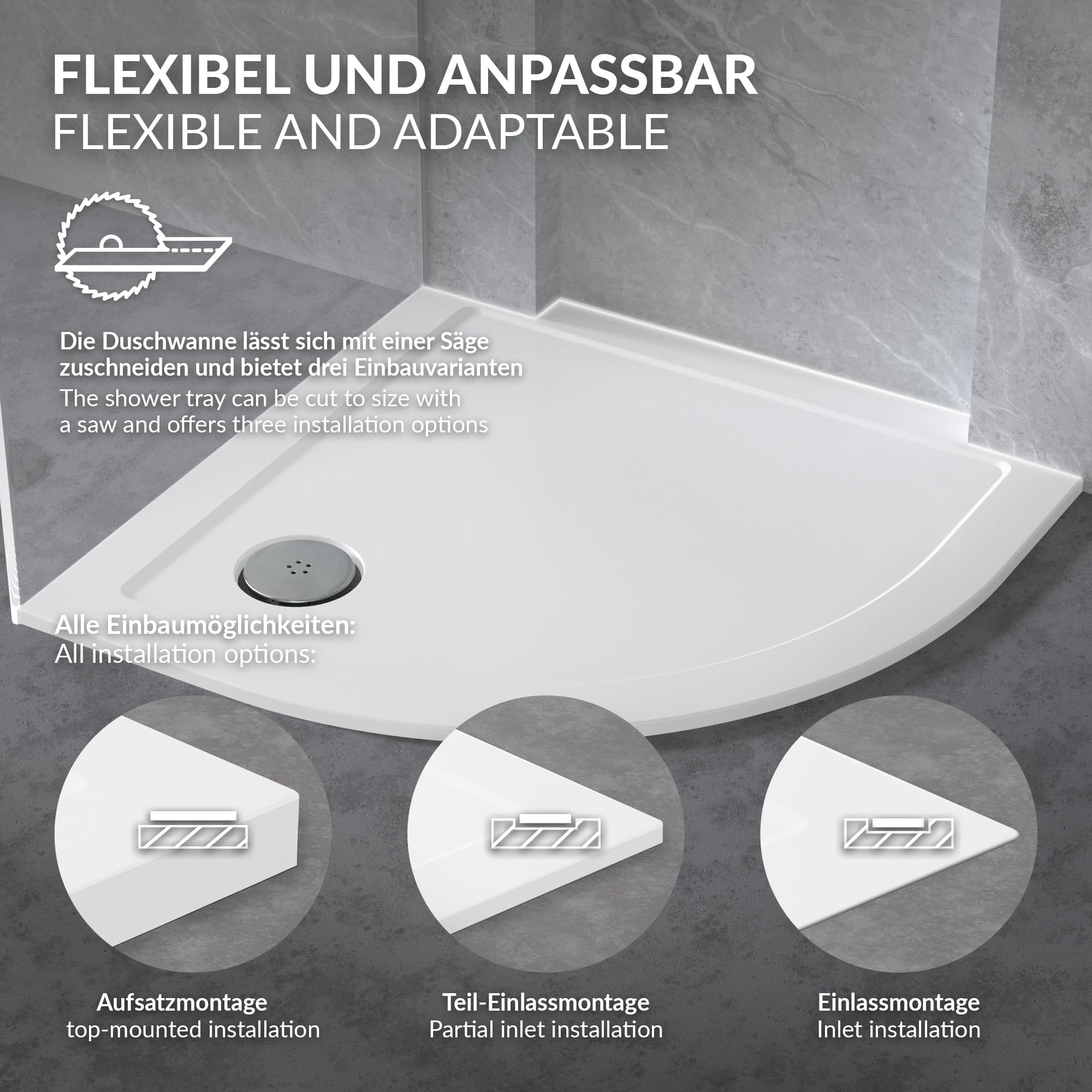 LuxeBath Piatto Doccia Semicircolare 80x80 cm Slim, Salvaspazio, in SMC, Ultra Piatto, Altezza 40 mm, Bianco, Raggio 55 cm, con Piletta e Sifone, Gruppo di Scarico Completo 3 Modalita di Installazione