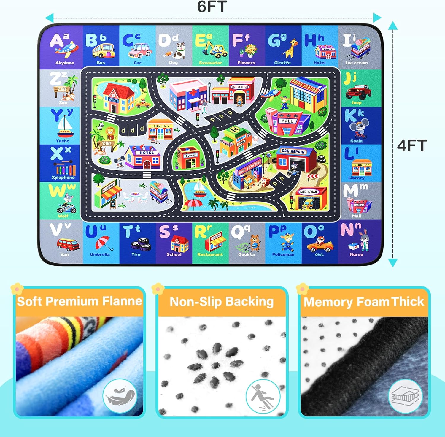 ABC Rug, Toddler Play Rug 4x6 Feet, Extra Thick (0.4in) Washable Baby Play Mat for Floor, Classroom Carpet Non-Slip for Learning, Alphabet, Nursery Mat for Crawling & Fun & Playroom Decor