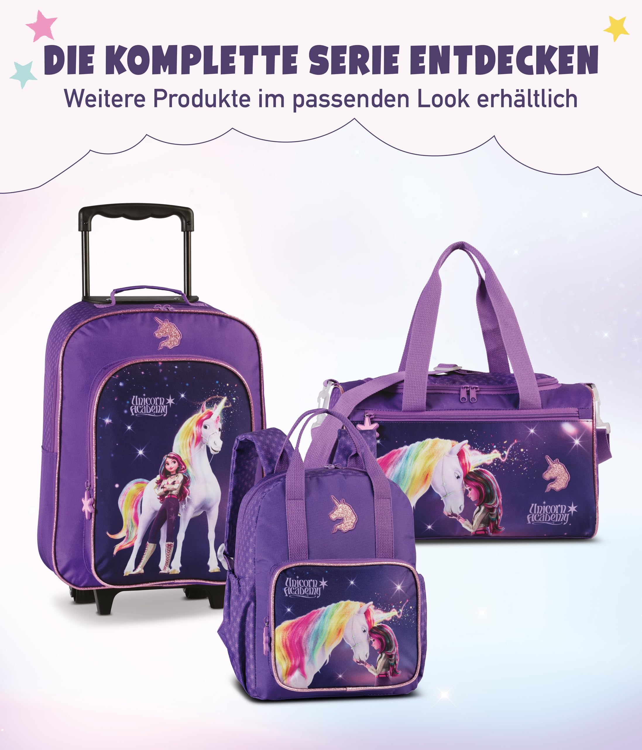 Unicorn Academy Borsa sportiva da bambina, 12 l, con scomparto principale con cerniera e tasca anteriore, tracolla regolabile e 2 manici, design unicorno viola, 22 x 36 x 19 cm, 320 g, borsa leggera