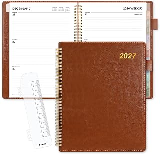 SUNEE 2027 Weekly & Monthly Planner 9"x11.2"- 12 Month (January 2027 - December 2027), Vegan Leather Cover, Pocket, Bookmark, Notes, Monthly Tab, Brown