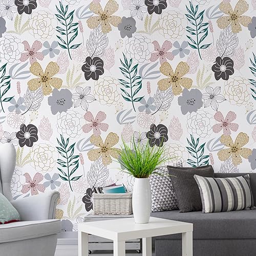 Miniatura 7 de Mecpar Papel tapiz floral para despegar y pegar de 17.71 x 78.7 pulgadas, papel de contacto con flores perennes rosas, vinilo autoadhesivo,