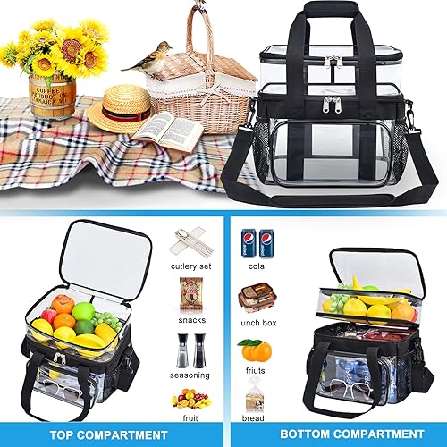 Miniatura 6 de Bolsa de almuerzo transparente Bolsa de almuerzo grande transparente para el trabajo, bolsa de almuerzo reutilizable de doble cubierta con correa