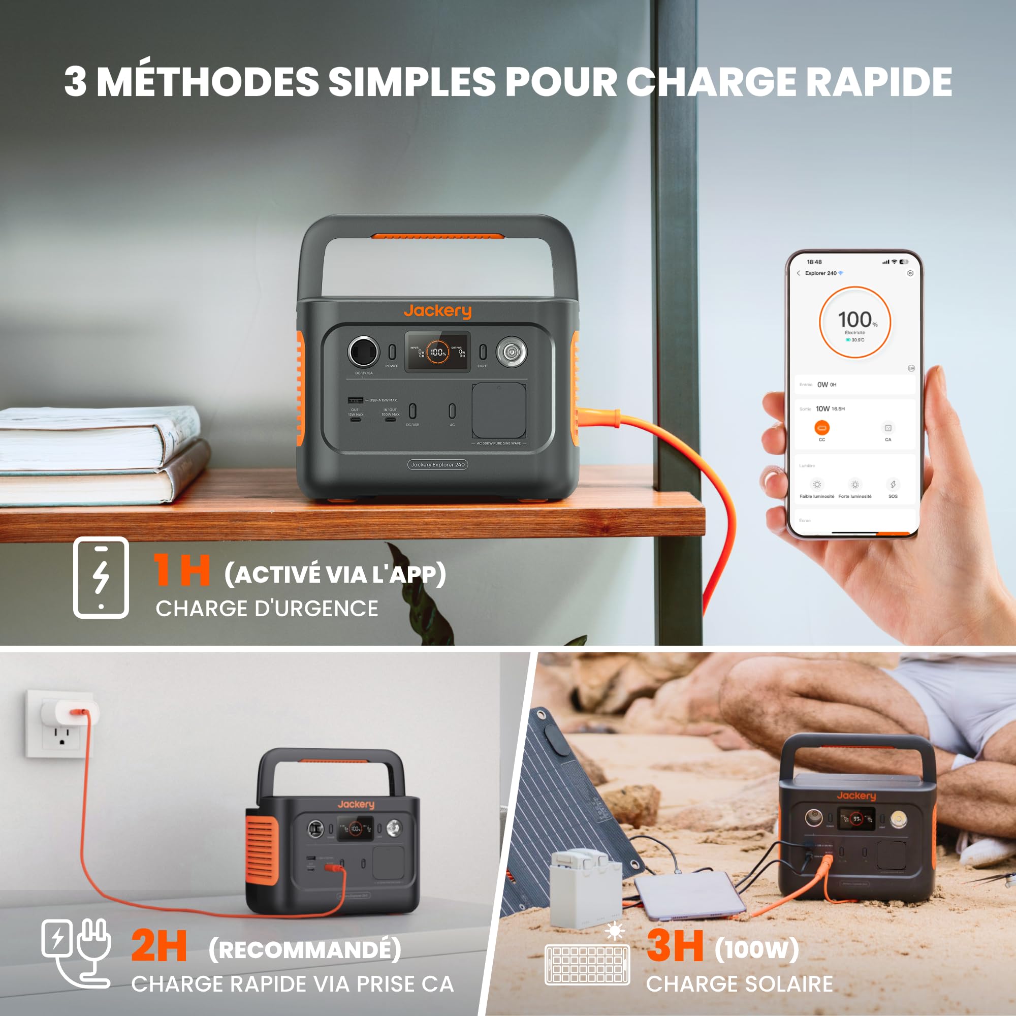 Station Électrique Portable Jackery Explorer 240 V2, 256Wh Batterie LiFeP04, 300W CA/100W USB-C Sortie, Charge Complète Rapide 1H via APP, Générateur Solaire pour Plein Air,Camping,Urgence