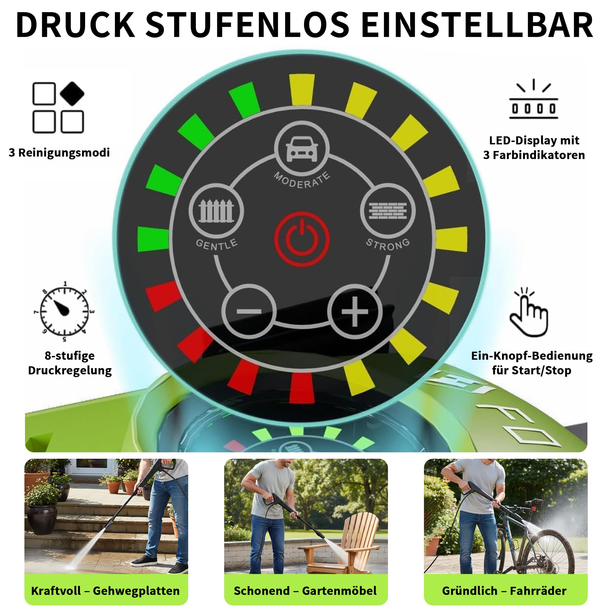 2026New Hochdruckreiniger Touchscreen 8-stufiger 200 Bar, 6-in-1-Düse, 90cm Gerätehöhe, Einstellbarer Druck 100-200bar, Fördermenge 280-500l/h, Flächenleistung 60m²/h, mit Schaumkanone Schlauchtrommel