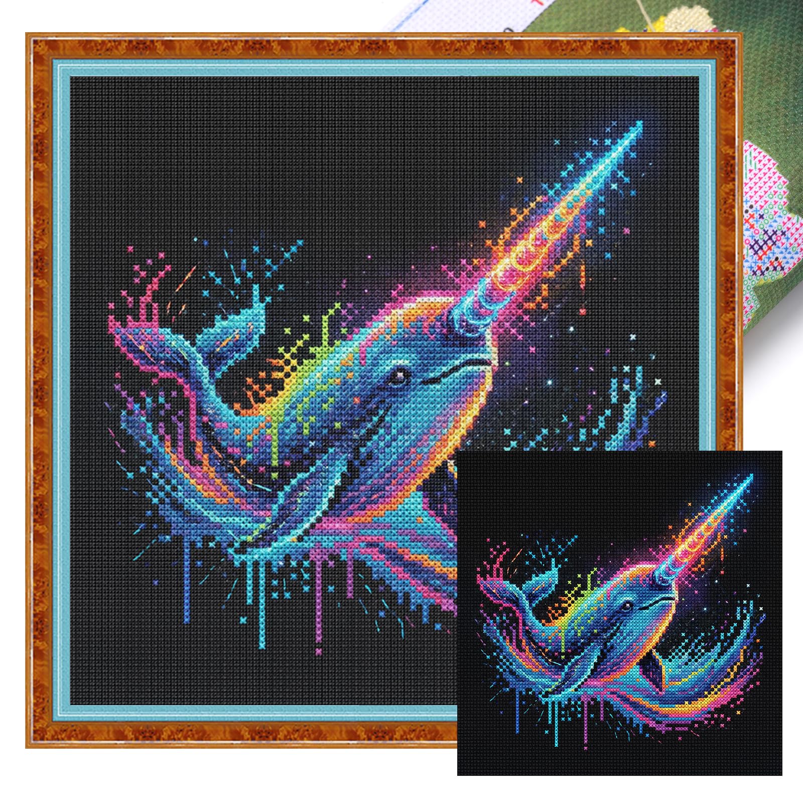 POETRYDRAW Narwhal Full 14CT DIY Stamped Cross Stitch Kits 11.81x11.81inch Embroidery Needlepoint Starter Kits for Beginners Adults Home Decor (Narwhal)