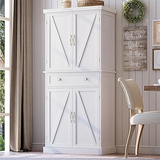 72" Tall Kitchen Pantry Cabinet, White Pantry Storage Cabinet with Adjustable Shelves, Barn Doors and Drawer, Farmhouse Cupboard for Kitchen, Dining Room, Bathroom (16" D x 30" W x 72" H)