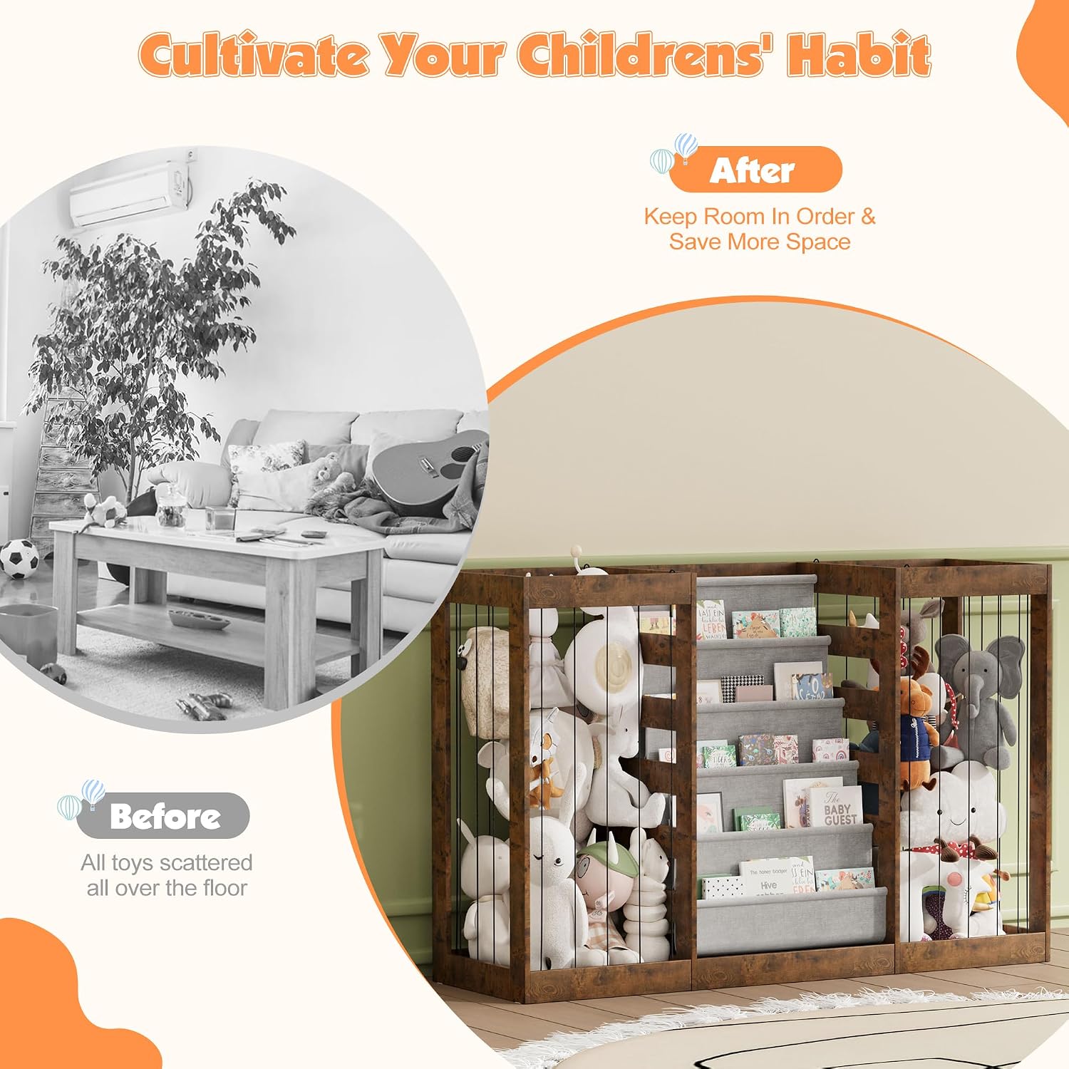 NACHES Montessori Kids Bookshelf with Enclosed Toy Storage, Dual Mesh Bins for Stuffed Animals, Front-Facing Book Organizer for Toddlers Playroom Bedroom (Rustic Brown)