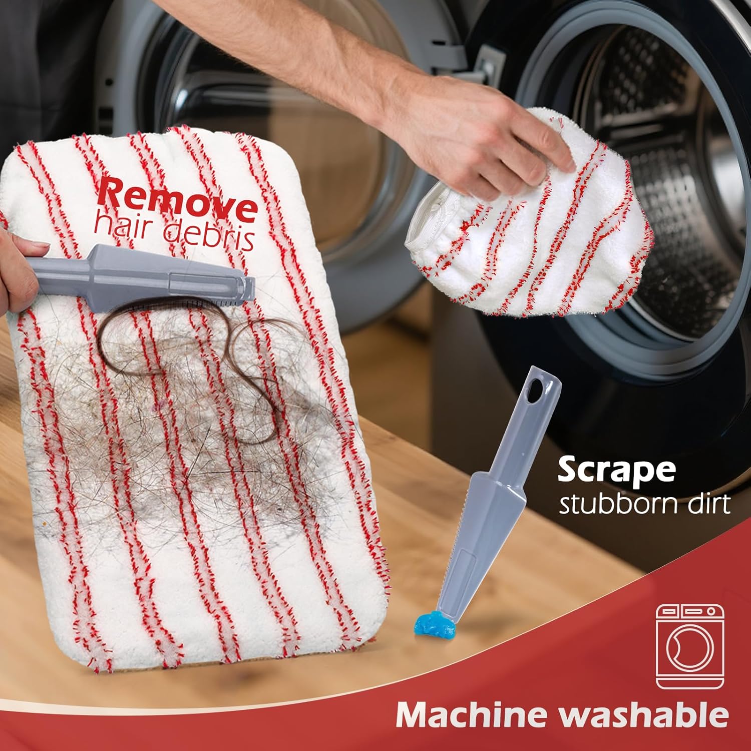 Masthome Extra Large Microfiber Mop for Floor Cleaning, 16“ Flat Mop with 5 Pad for Wet & Dry Use, Dust Mop for Hardwood Laminate Tile Ceramic, 1 Cleaning Scraper Included-Red