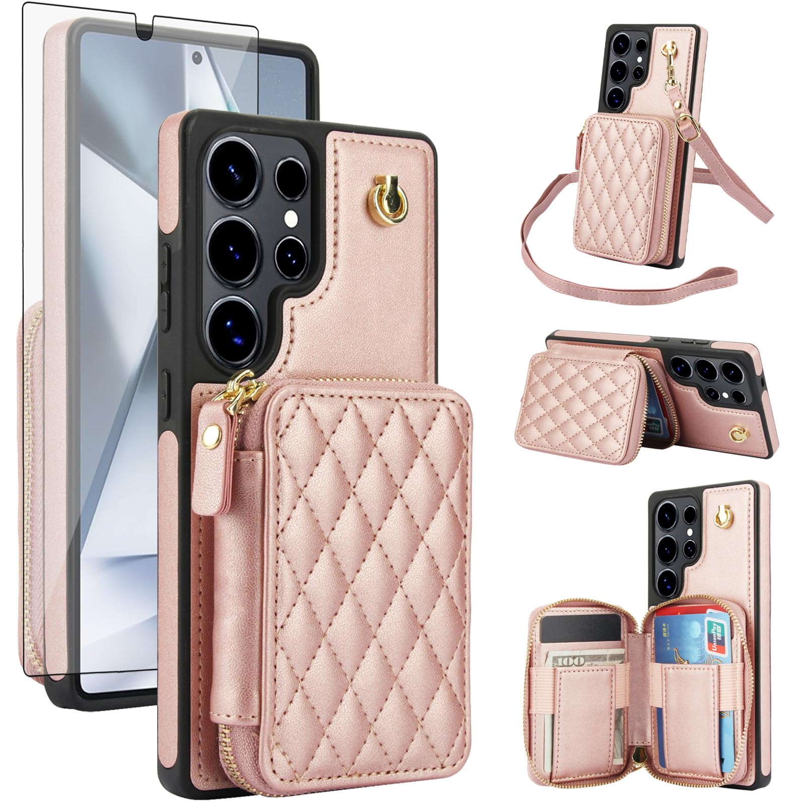 Phone Case for Samsung Galaxy S25 Ultra 5G Wallet Cell Cover with Tempered Glass Screen Protector Wrist Crossbody Strap RFID Blocking Card Holder TPU