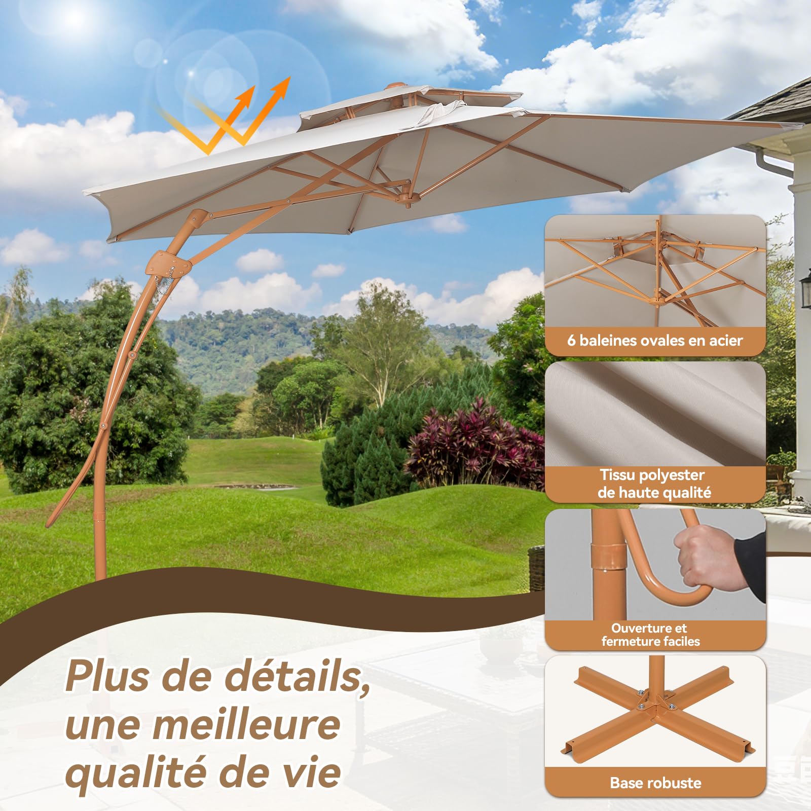 YOURLITE Parasol Déporté 3x3M,Parasol de Jardin Exterieur Beige