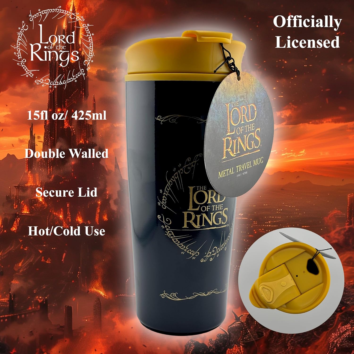 Pyramid International Lord of The Rings Travel Coffee Mug (The Ring Design) 16oz Metal Insulated Travel Coffee Mug, Lord of The Rings Gifts for Men and Women - Official Merchandise
