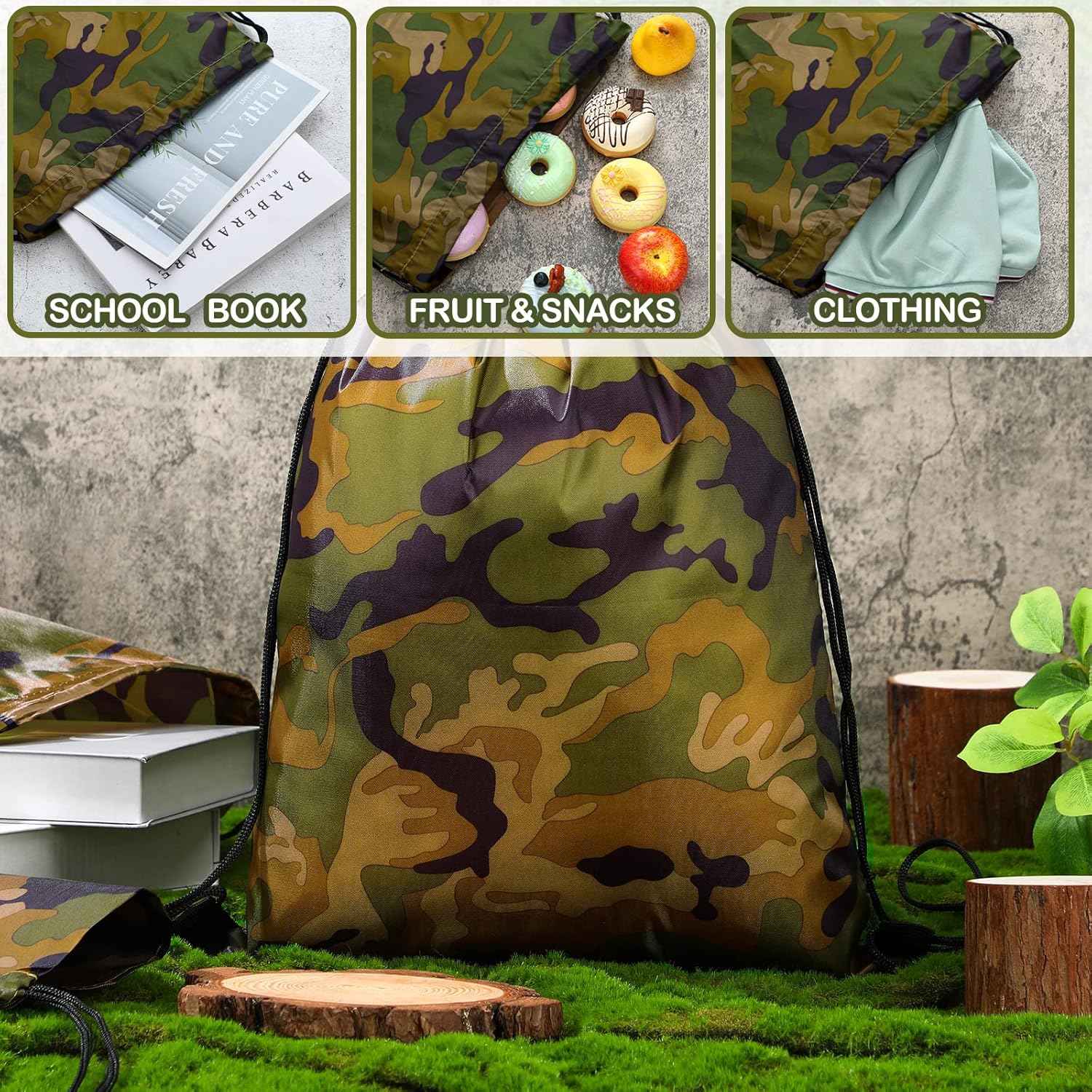 Sweetude 24 Pcs Camo Bag Waterproof Drawstring Bags Bulk, Military Army Bag Lightweight Woodland Camouflage Drawstring Backpack for Men Women Birthday Party Supplies Travel Yoga Gym Sport - Image 5