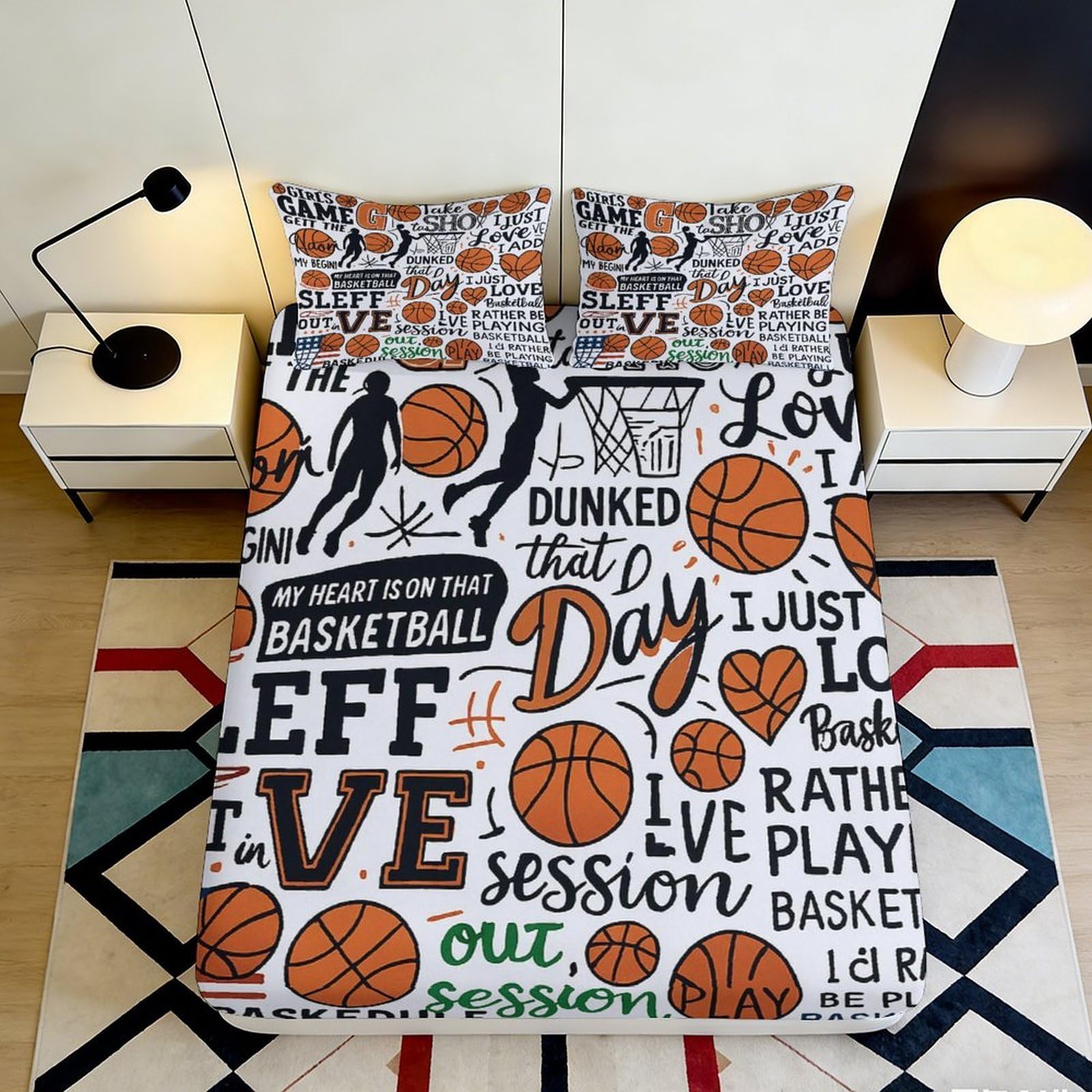 Uynsixtme Style-9 3D Printed Basketball Graffiti Fitted Sheet Microfiber Deep Pocket Non-Slip Bedroom Bedding Basketball Pattern Mattress Fitted Cover Elastic Edge For Adults Teens 200X200x25cm