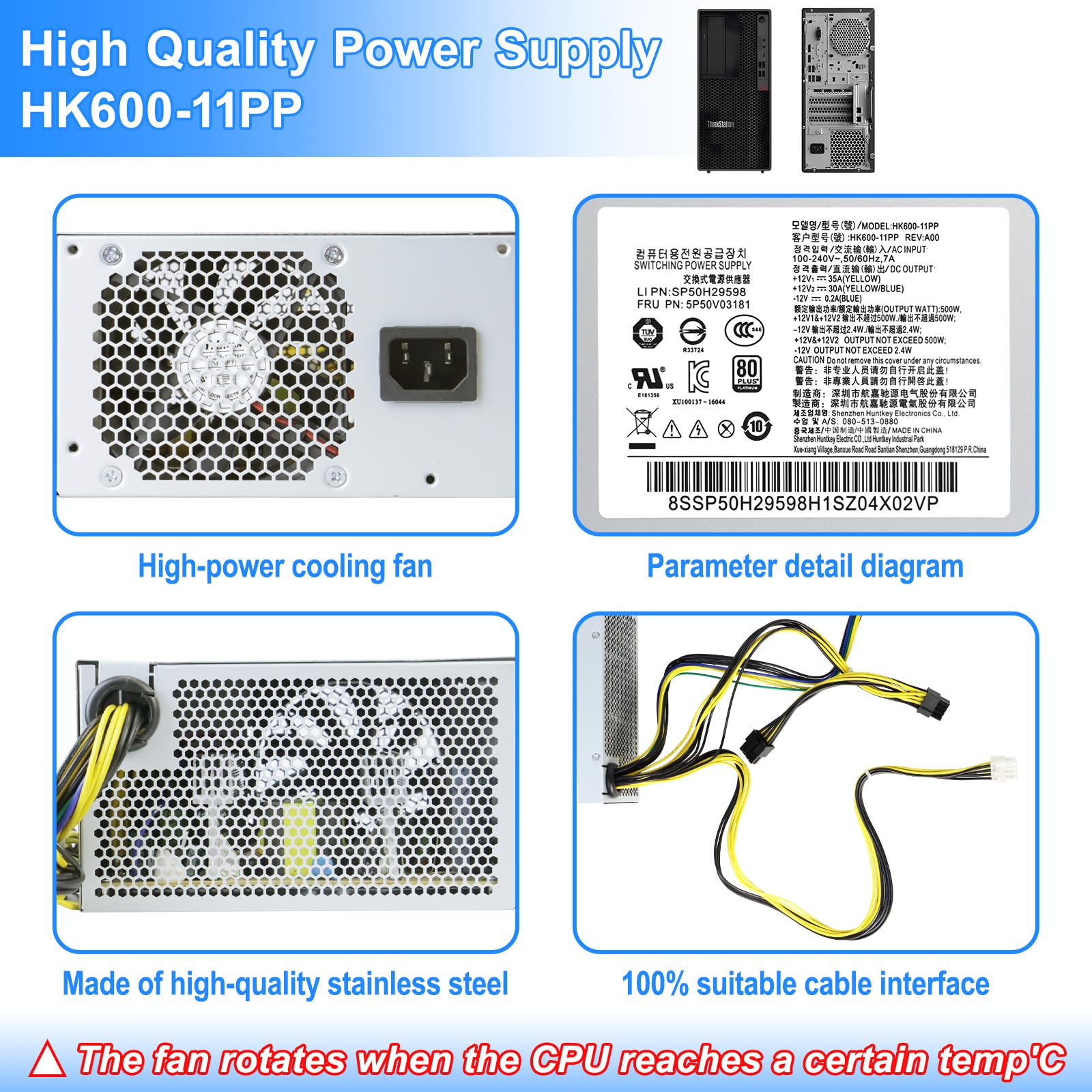 Actualizado 500 W HK600-11PP Compatible con Lenovo P330, P340, P350, P328, P310, M930T, T4900K, PCK010, FSK010, 5P50V03181, 5P50V03218, SP50H29598 y FSP600-60AGPAA. Fuente de alimentación conmutada.