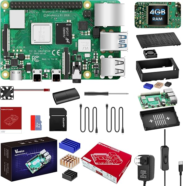 Vemico Raspberry Pi 4 Kit Raspberry Pi 4 Go 4B 4 Go RAM 4 Go 32 Go Carte 2 câbles Micro HD Out type C 5 V 3 A Câble d'alimentation avec interrupteur Noir Boîtier ABS 3 dissipateurs thermiques - 1