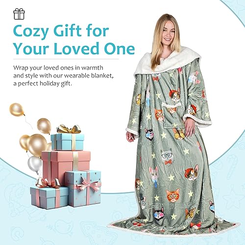Miniatura 3 de Catalonia Manta Sherpa Vestible con Estampado de Gatos y Perros con Mangas y Brazos, Cómoda Manta Envolvente de TV con Mangas, Manta Grande y