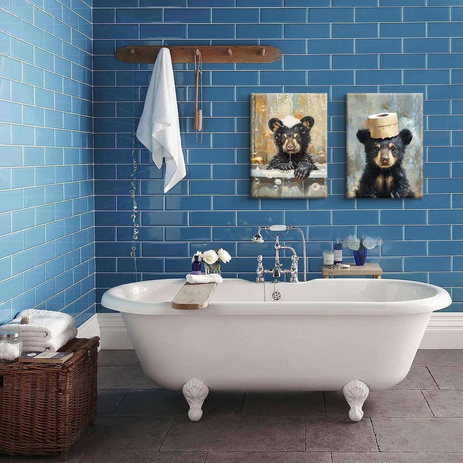 BHSUUHIT 2 Pcs Bear Bathroom Wall Art Funny Bathroom Animal Pictures Prints Black Bear With Paper Wall Decor Sitting in Bathtub Canvas Cute Humorous Posters Ready to Hang Home Decor(16x24in Canvas)