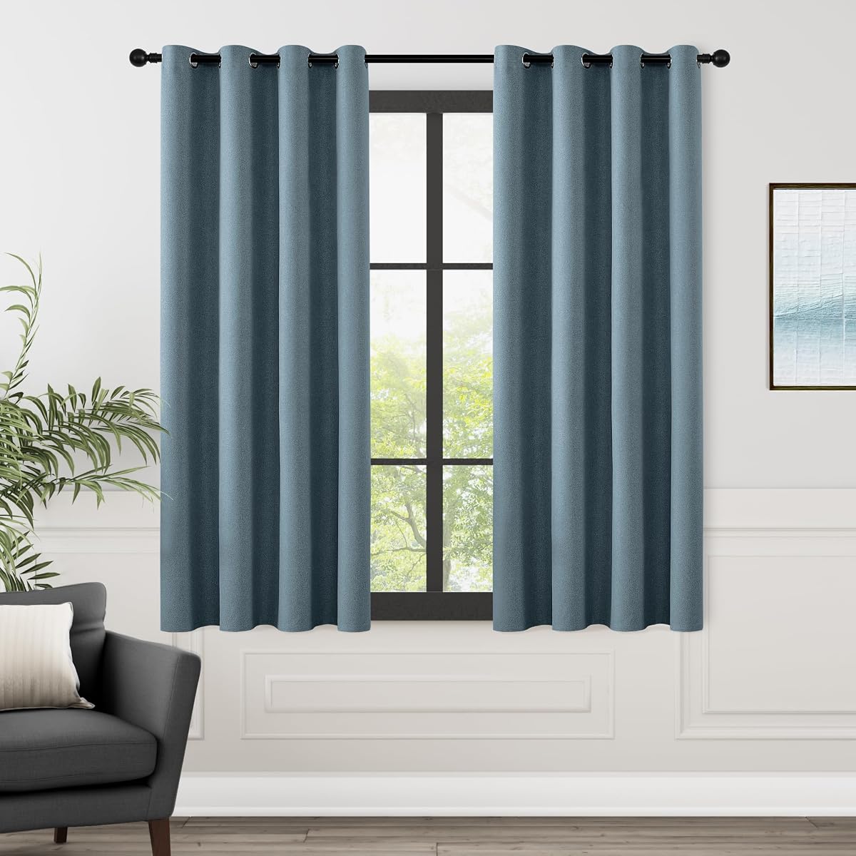 ChrisDowa Blue Blackout Curtains 63 Inches Long 2 Panels for Bedroom | Room Darkening,Light Blocking,Thermal Insulated,Faux Linen,Farmhouse,Grommet,Window Treatment,Drapes,Living Room,52x63