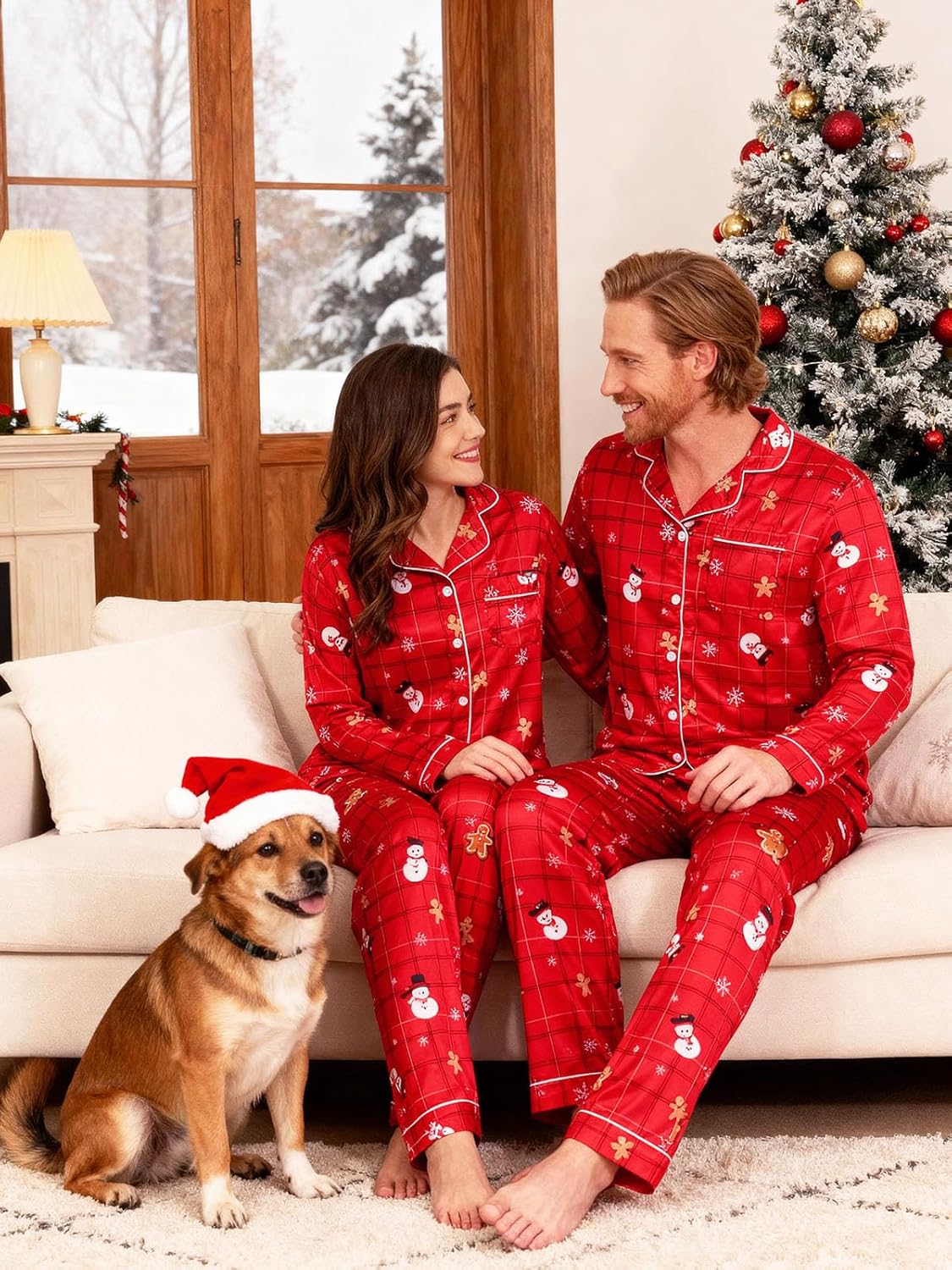 Christmas Pajamas Silk Satin Long Sleeve Button Down Matching Pjs Set Holiday Sleepwear Loungewear Couples Men Women Red - Image 5