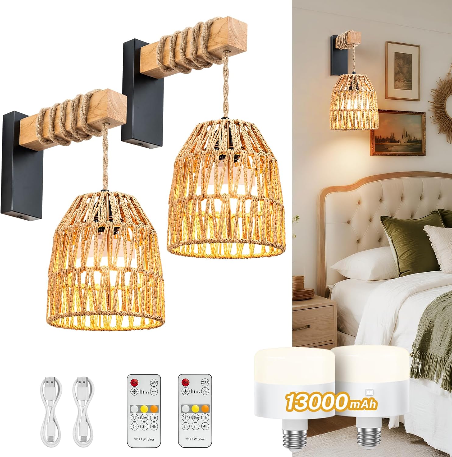 Rattan Wall Sconce, Battery Operated Wall Sconce, Rechargeable Sconces Set of 2 with 13000mAh Bulbs, Boho Wireless Battery Powered Lamp/Lights for Bedroom (Black)