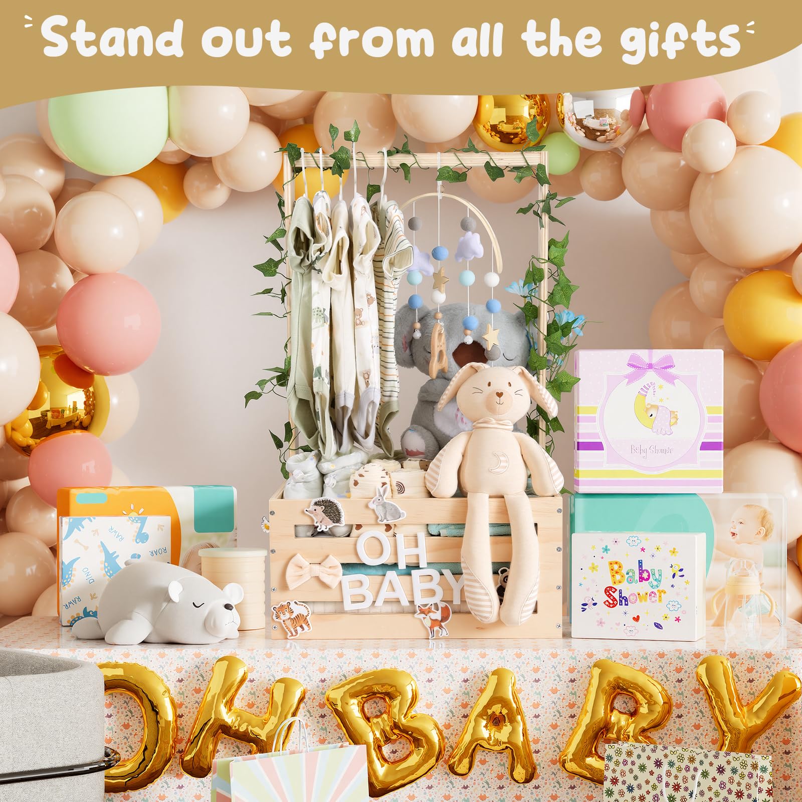 Cesta grande de regalo para baby shower, caja de madera, perchas de letras de madera personalizadas, regalos de embarazo para recién nacidos, regalos para madres recién nacidas, padres, decoración de