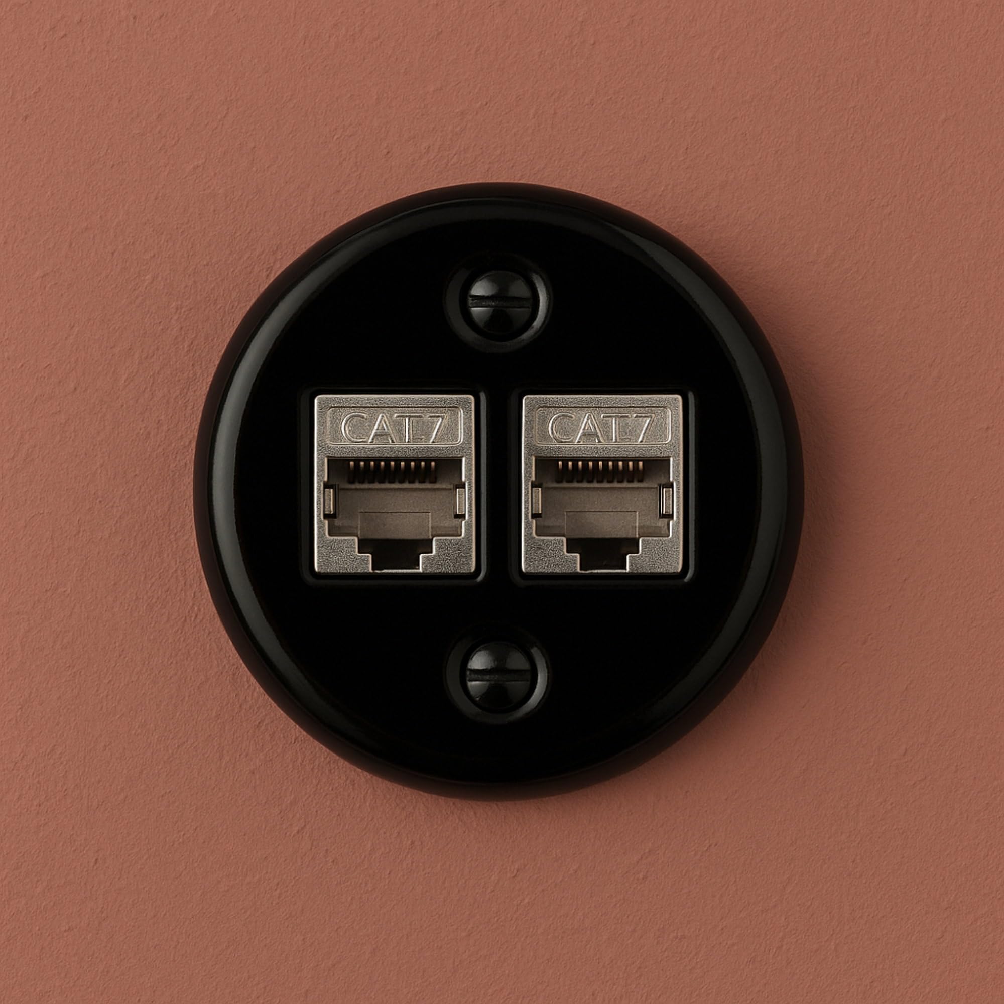 Aufputz Porzellan Retro Netzwerkdose CAT.7 2-fach, All-in-One, Serie QR1 schwarz