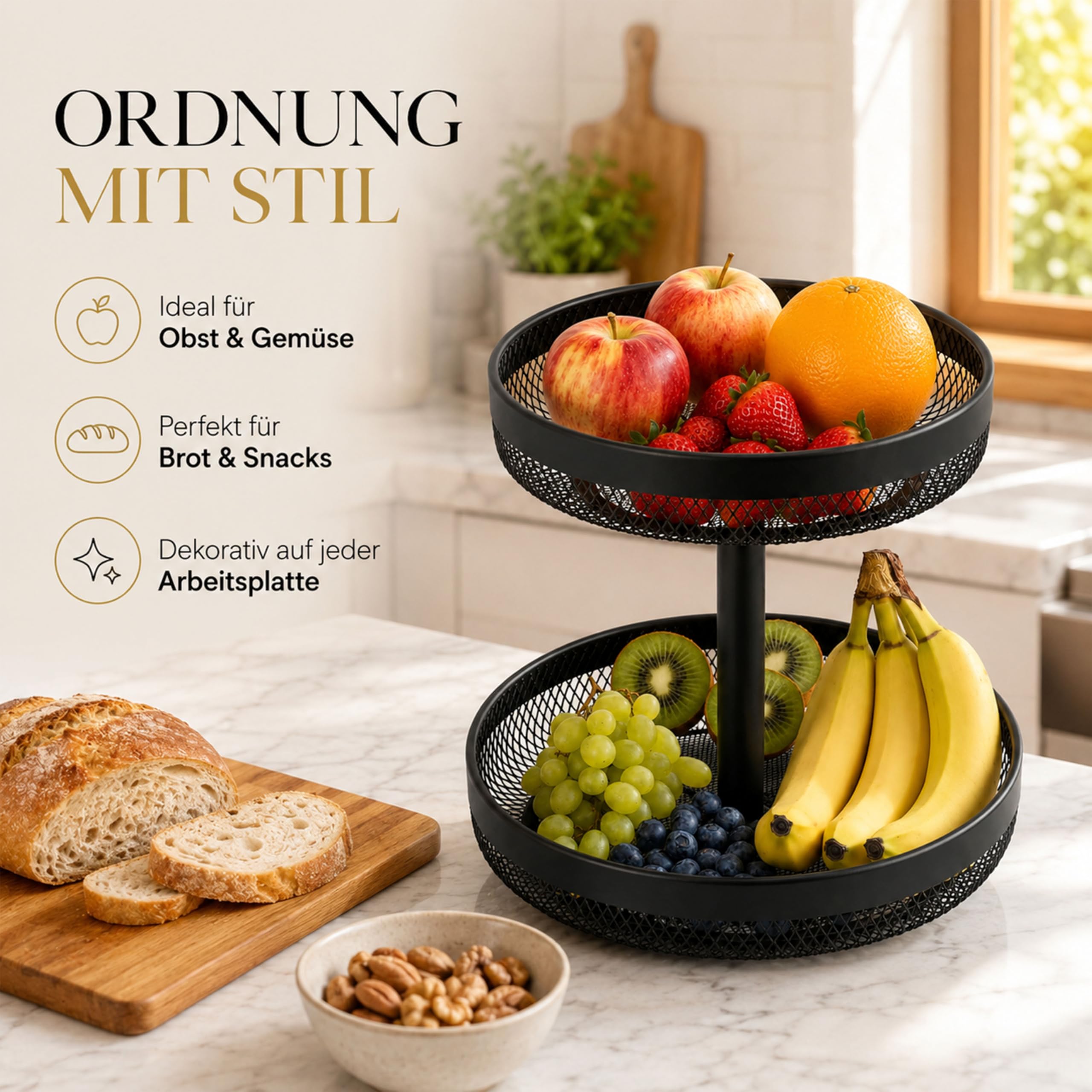URMONA 2-stöckiger Obstkorb, runde Obstschale aus Metall für Küche, Schwarz | Platzsparender Brotkorb und Snack Organizer für Obst, Gemüse und Gebäck auf Arbeitsplatte, Esstisch oder im Wohnzimmer