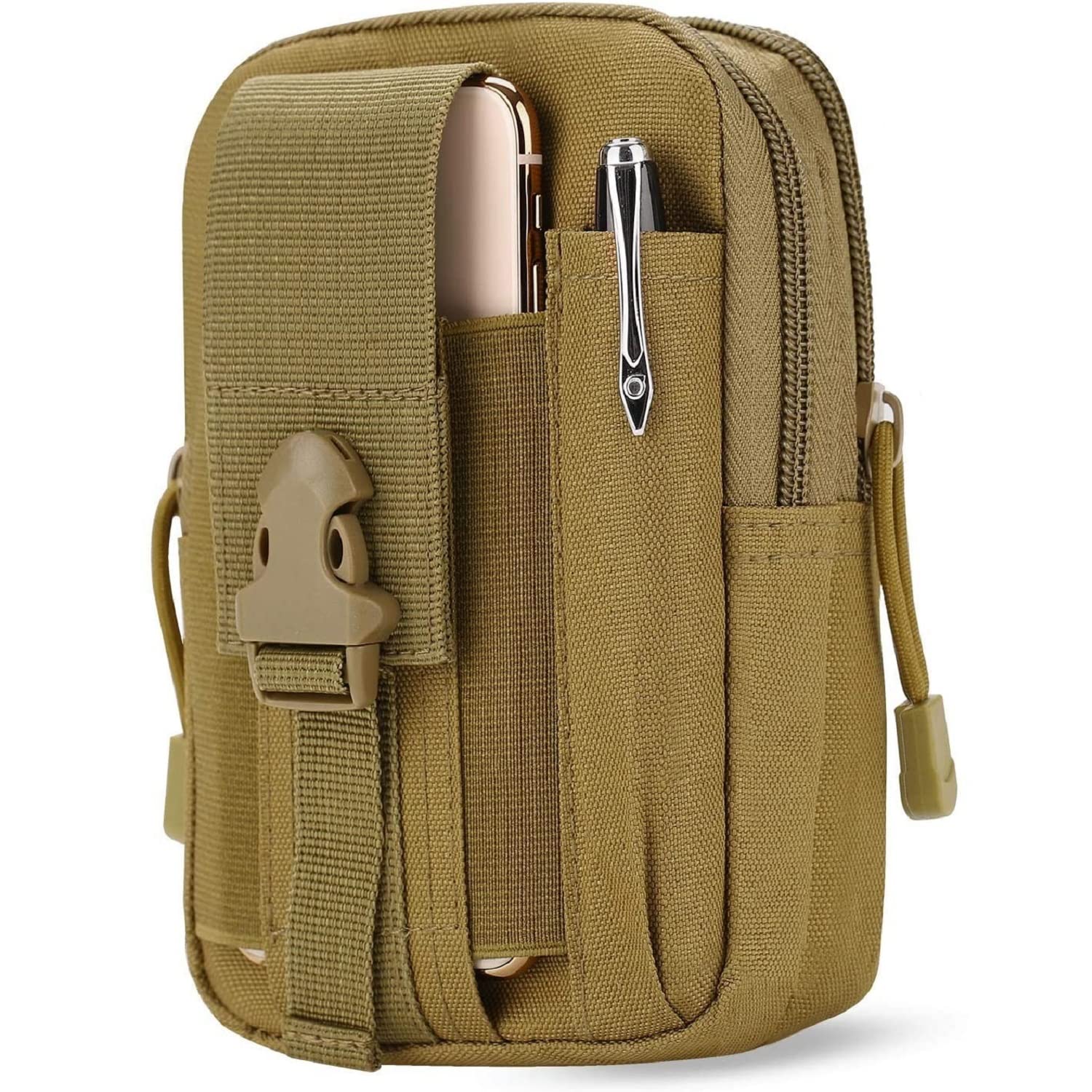 Multipurpose Tactical Nylon Waist Bags, Universal Outdoor Molle EDC Belt Waist Pouch with Phone Pocket for Camping Hiking Cycling Hunting Climbing Travel (Brown)