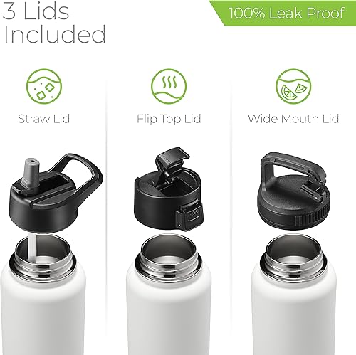Miniatura 5 de SipX - Botella de agua de acero inoxidable de 32 onzas con triple aislamiento térmico, 3 tapas, reutilizable y sin bisfenol A, mantiene las bebidas