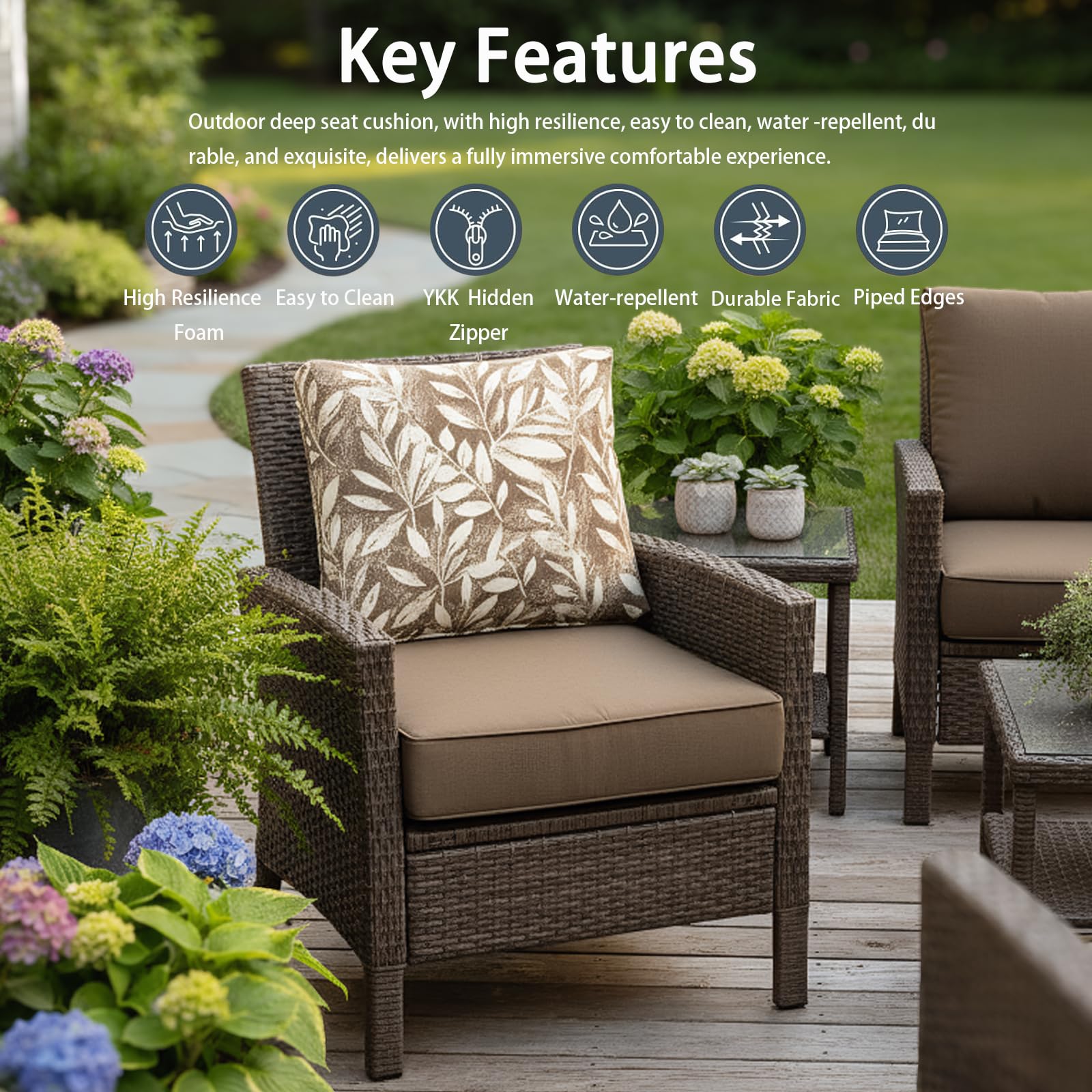 Condition photo showing New/Like New for deep seat cushion 23.5x25 2 set (4 pcs) for outdoor furniture, water repellent fade resistant patio cushions for sofa, chair, lounge, polyester tan leaves/floral