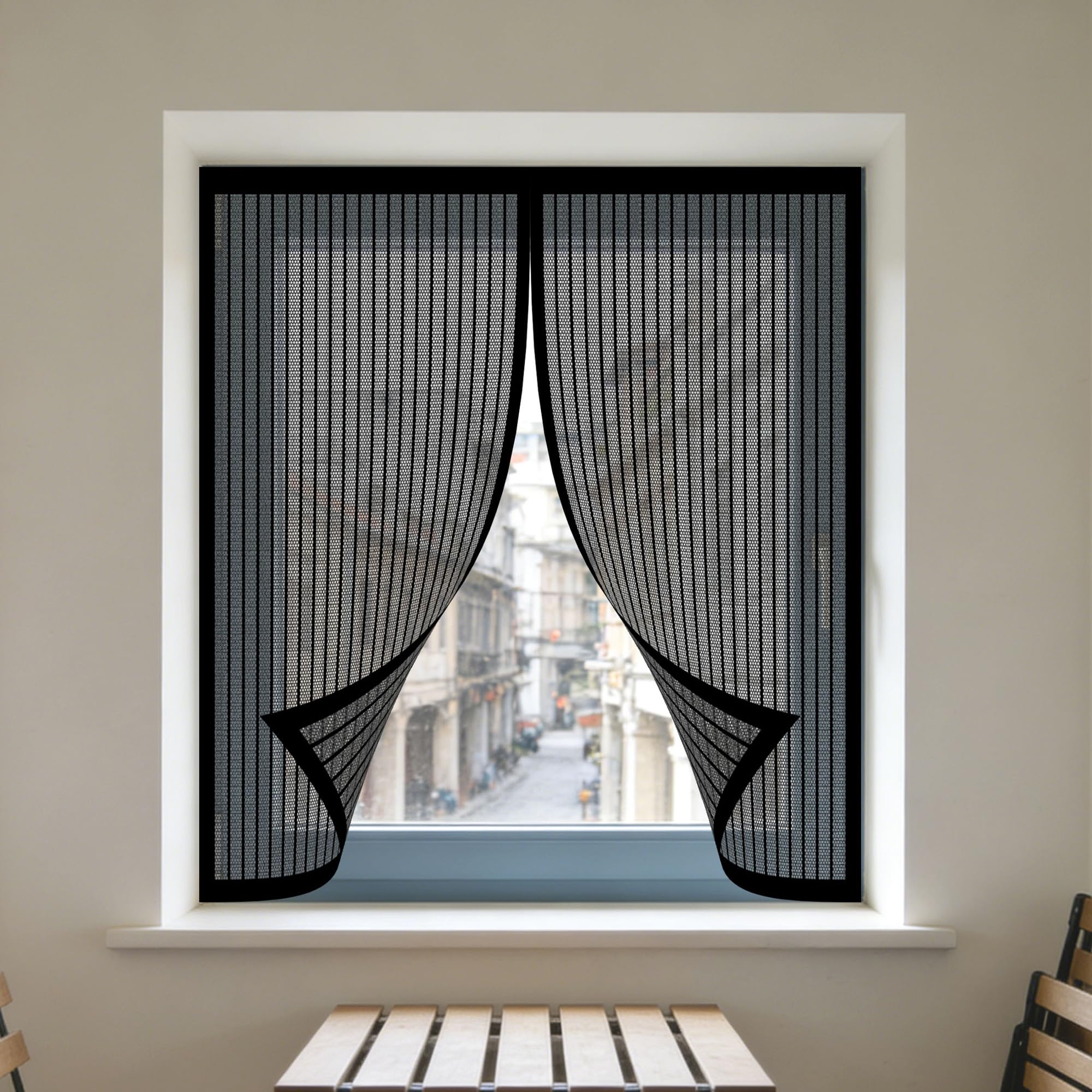 Magnetic Fly Screen Window Adjustable 170 x 110 cm Prevents Insects Flies Mosquitoes from Entering The Room Window Fly Net Easy Install for Windows Doors and Patio Screens, Black